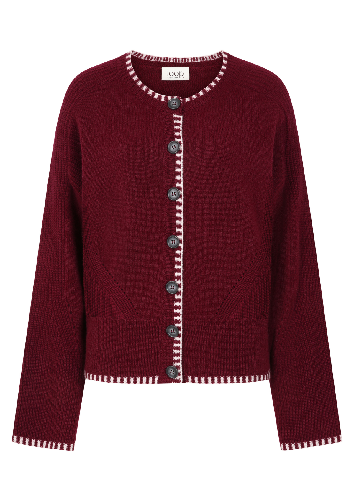 Cashmere Blanket Stitch Cardigan in Barolo Red