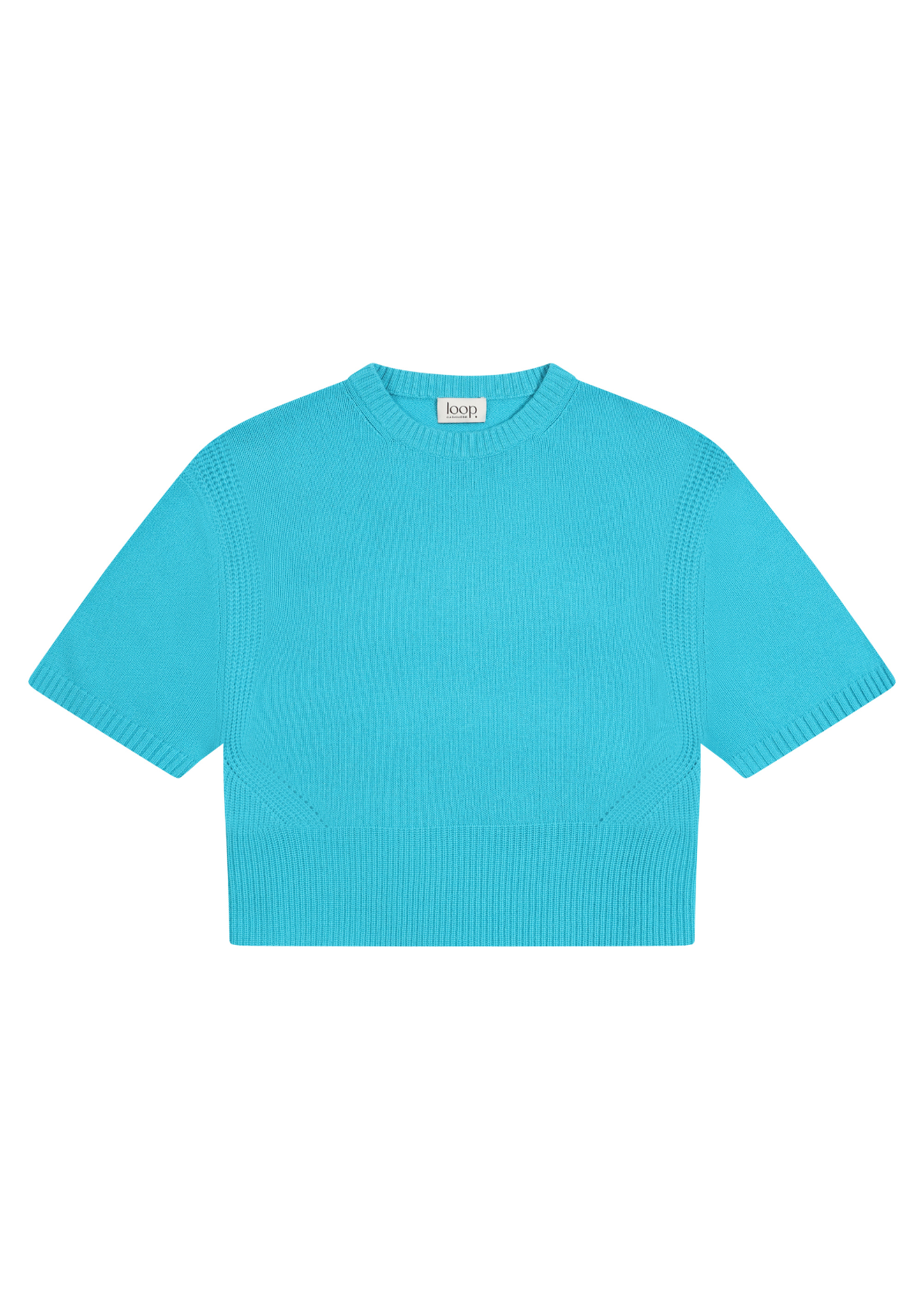 Ribbed Detail Lofty Cashmere T-Shirt in Turquoise Blue