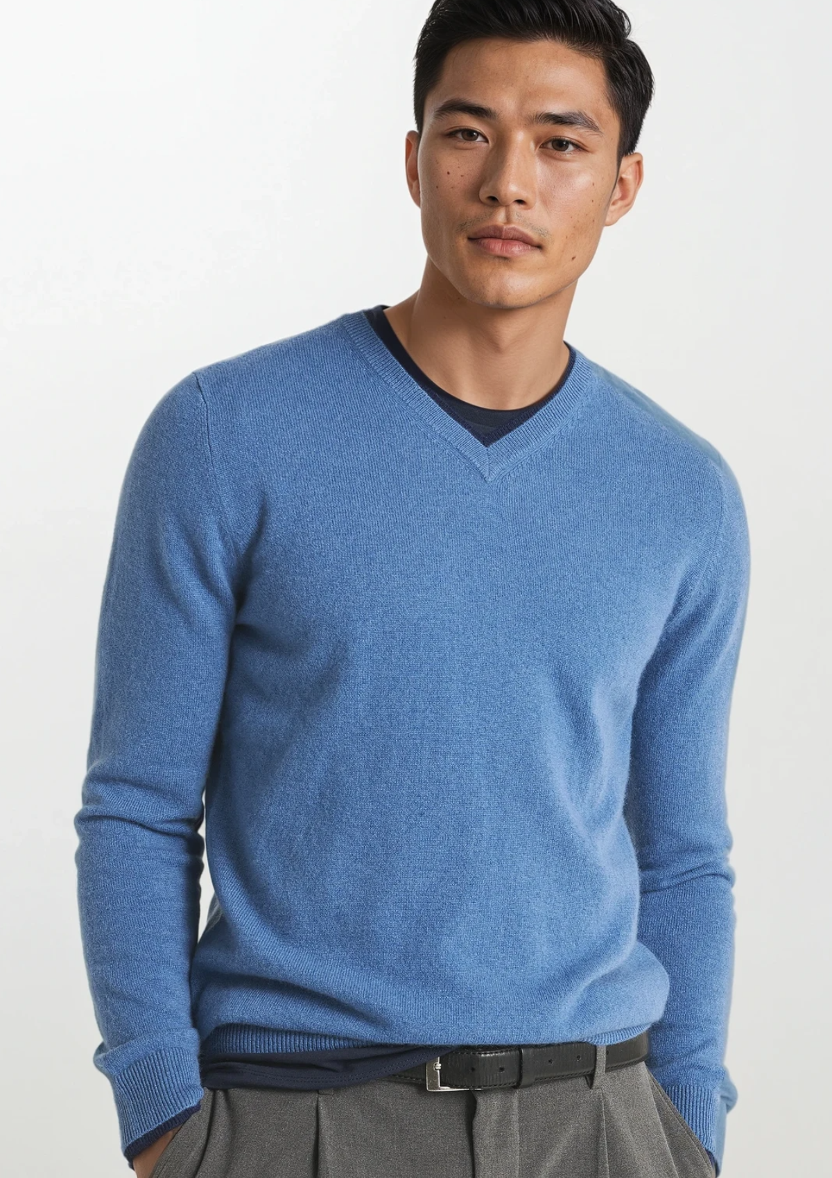 Mens Cashmere V Neck Sweater in Marina Blue