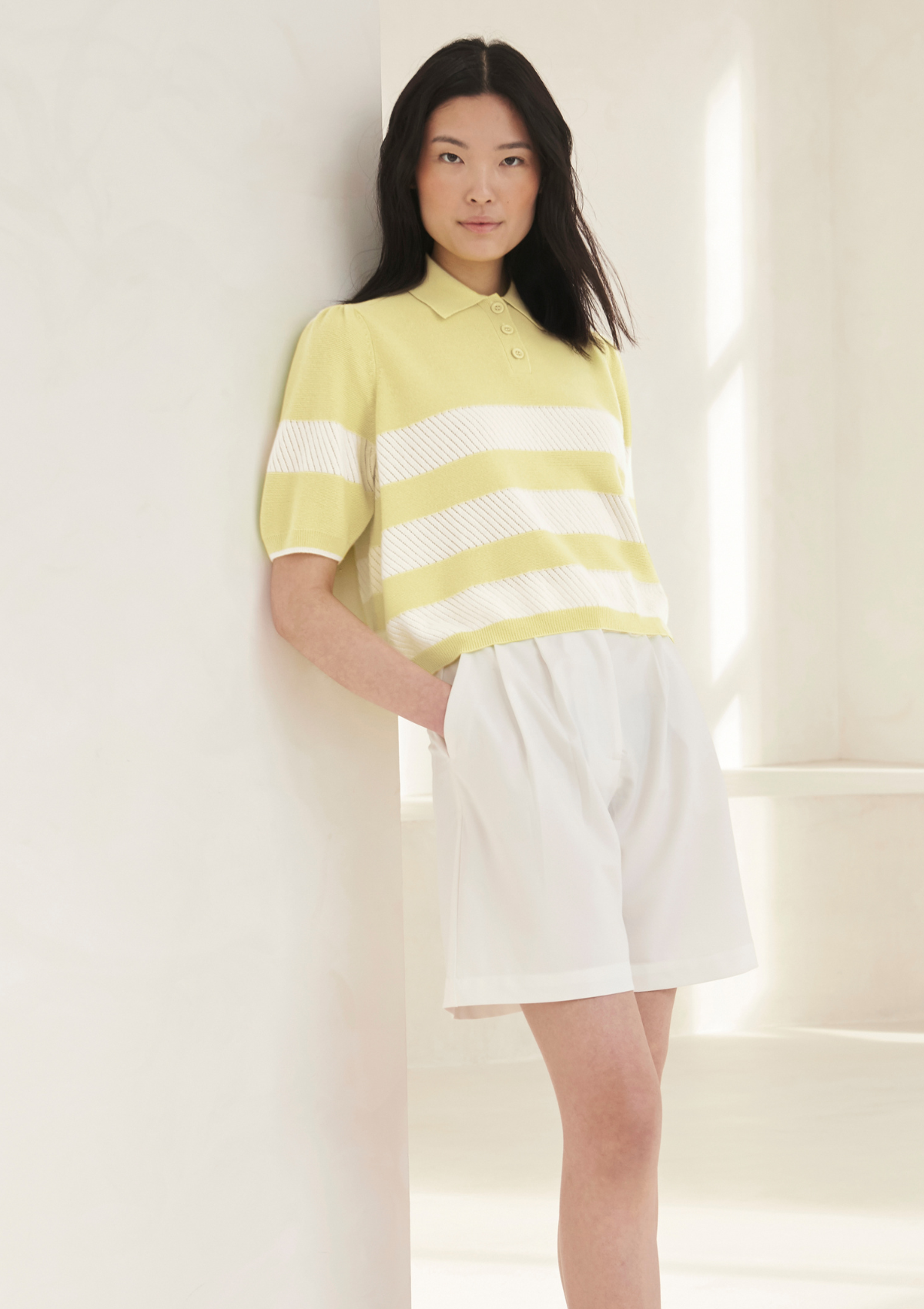 Cashmere Striped Polo Collared Top in Lemonade