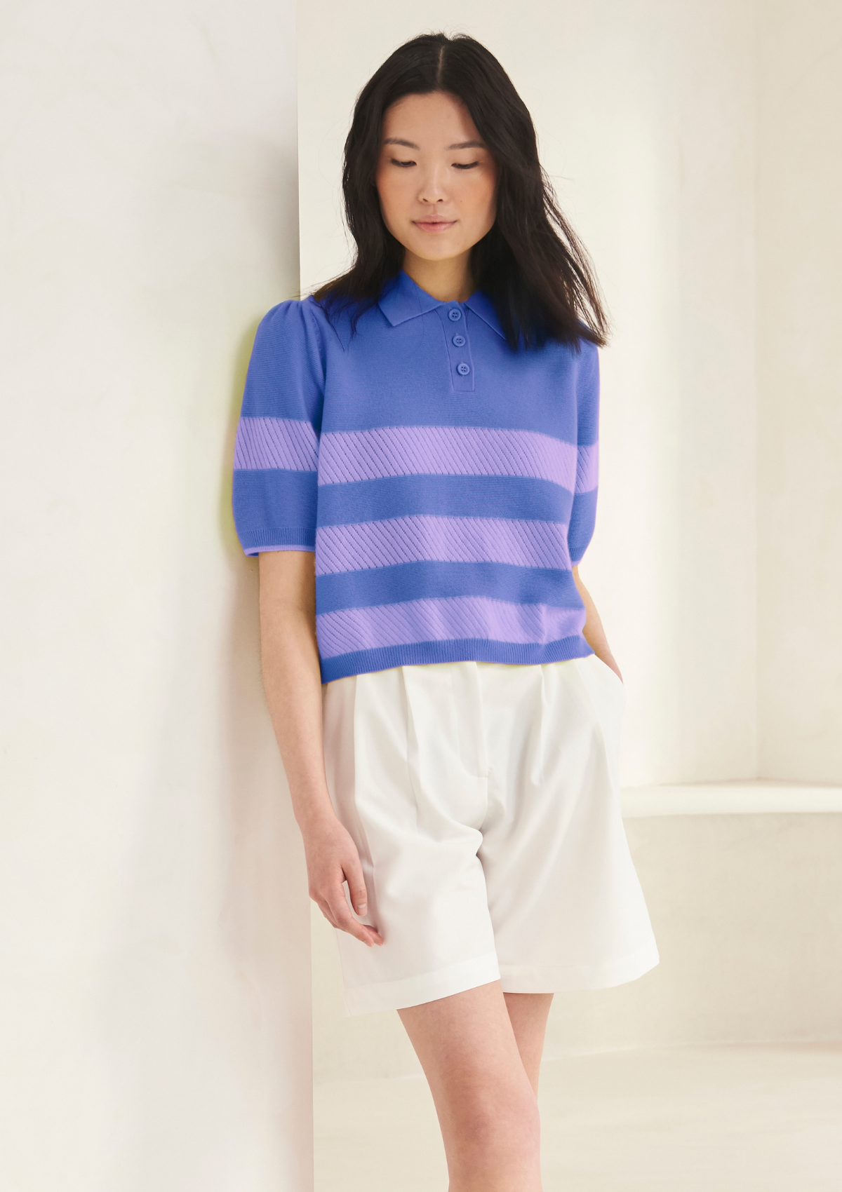 Cashmere Striped Polo Collared Top in Lupin Blue
