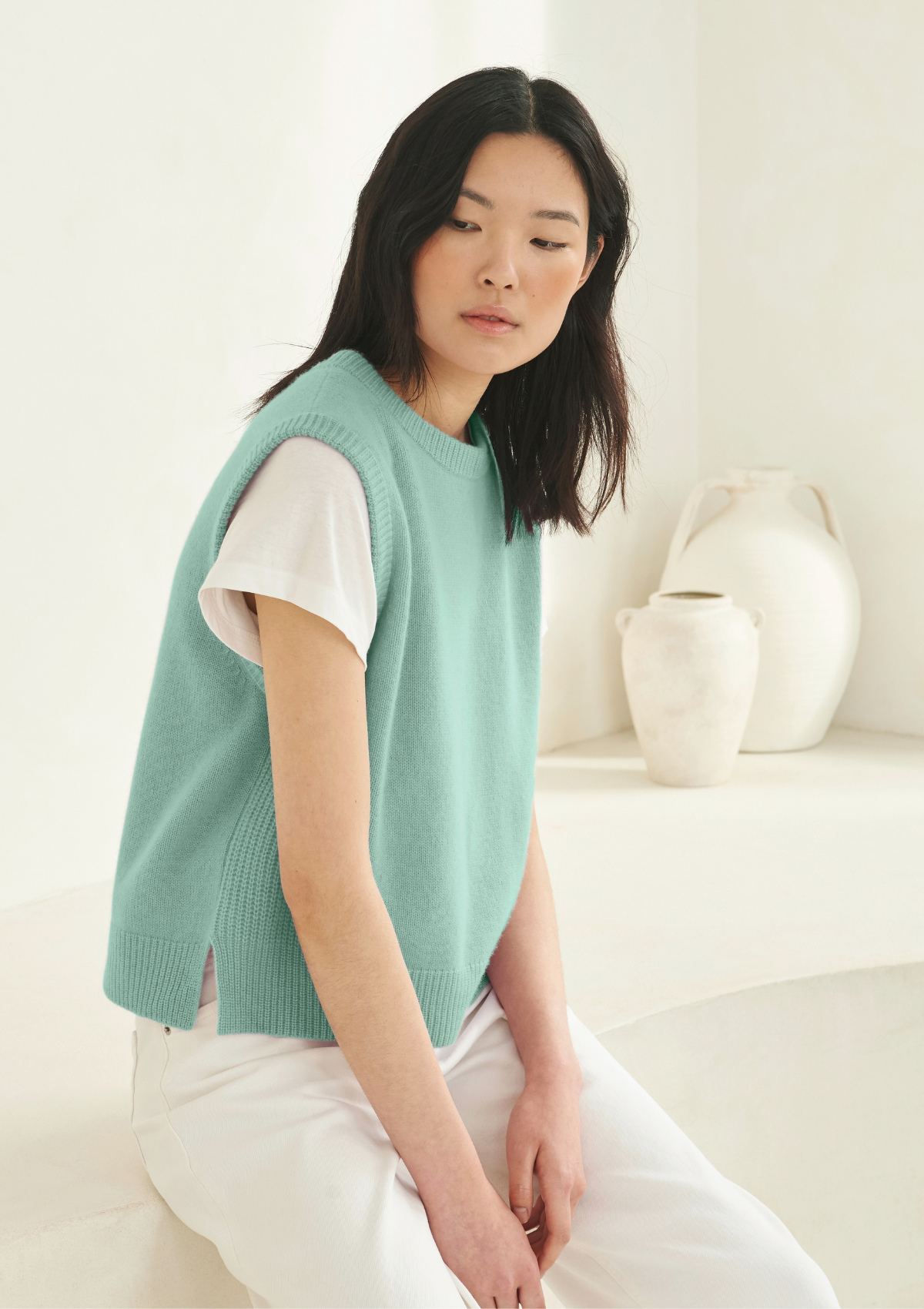 Ribbed Detail Lofty Cashmere Tank in Hyssop Green