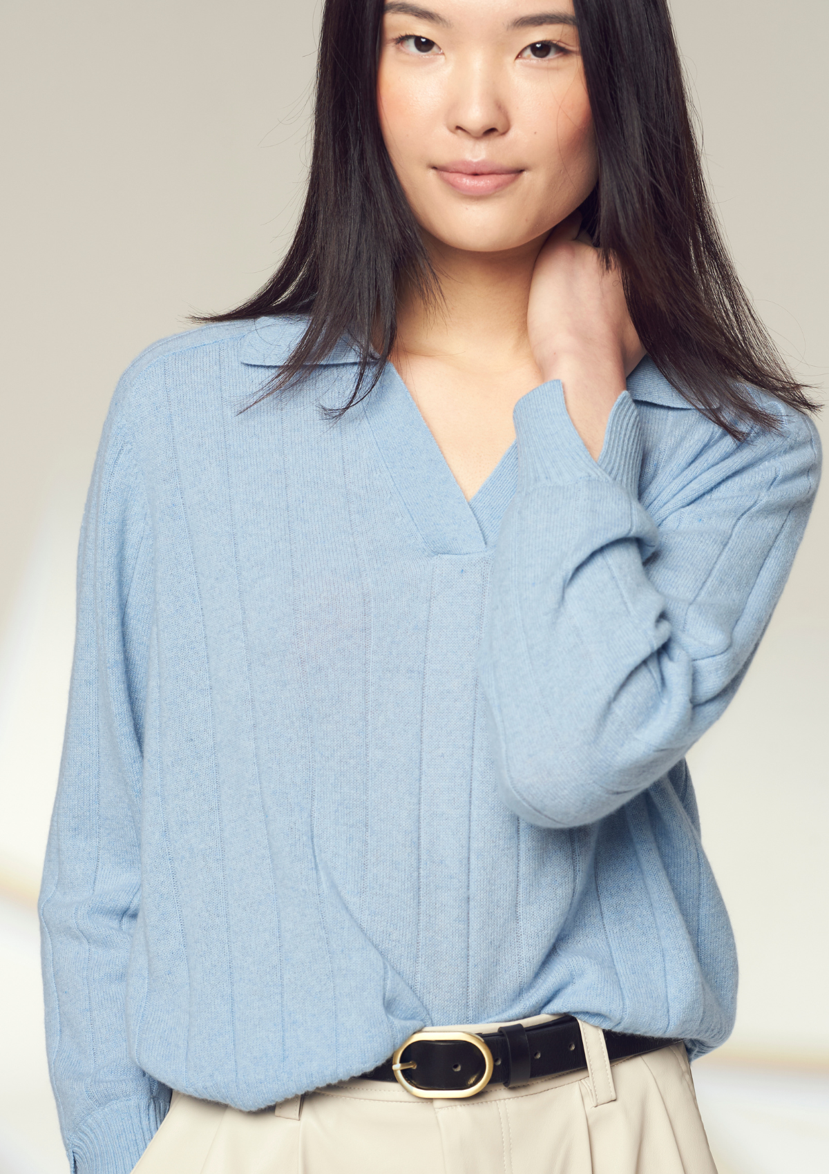 Cashmere Ribbed Collared Sweater in Sky Blue