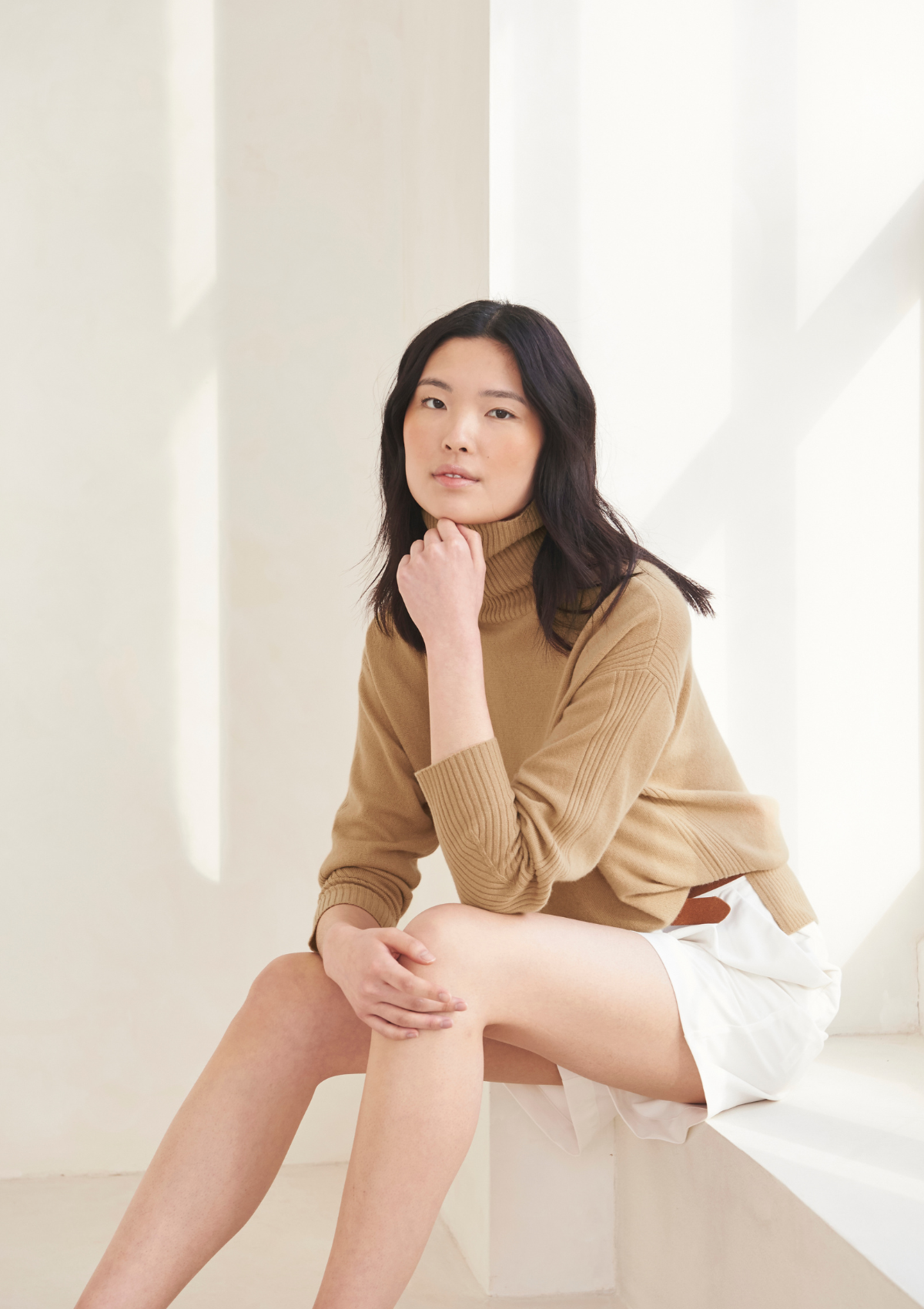 Chevron Detail Relaxed Polo Sweater in Praline
