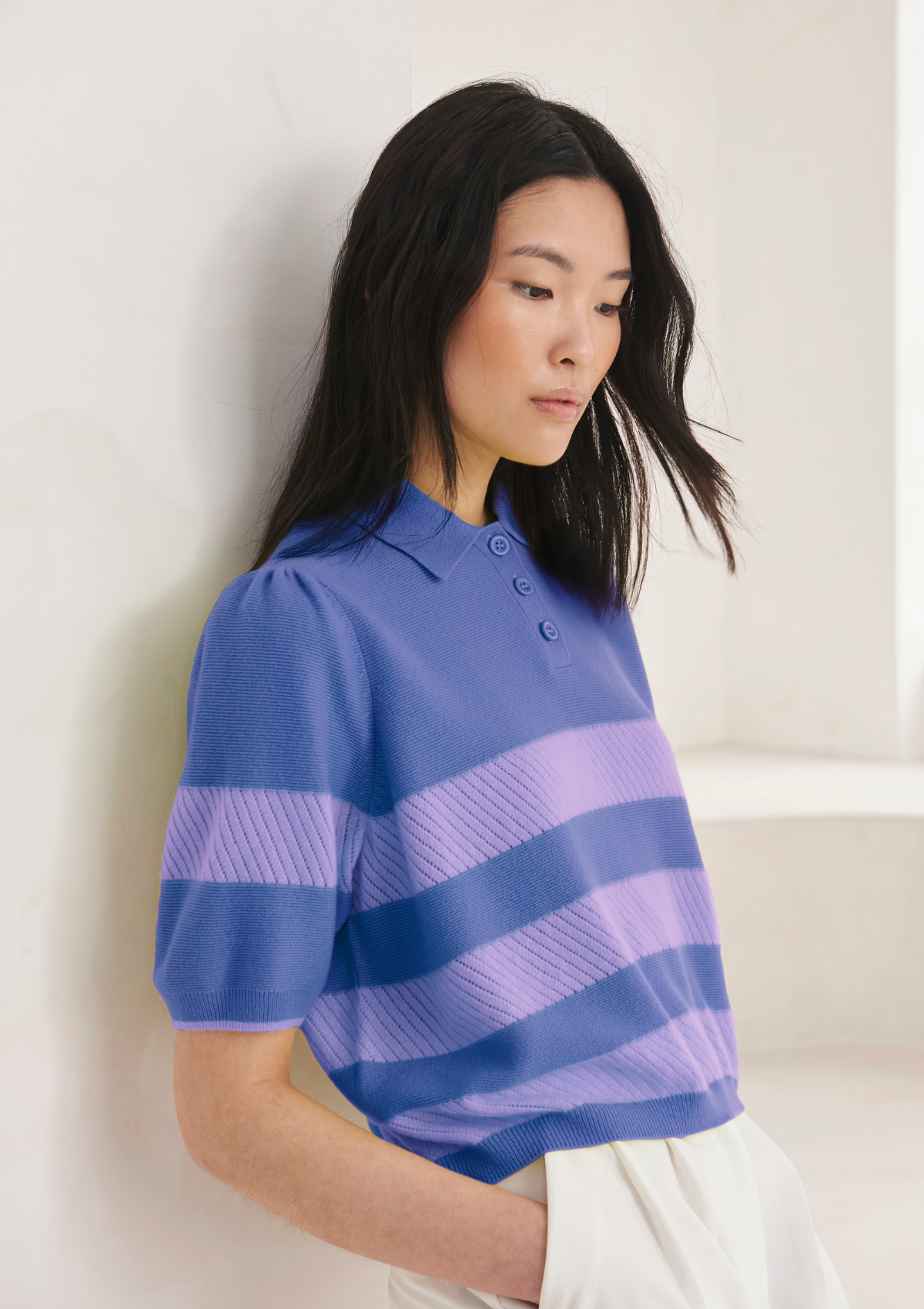 Cashmere Striped Polo Collared Top in Lupin Blue