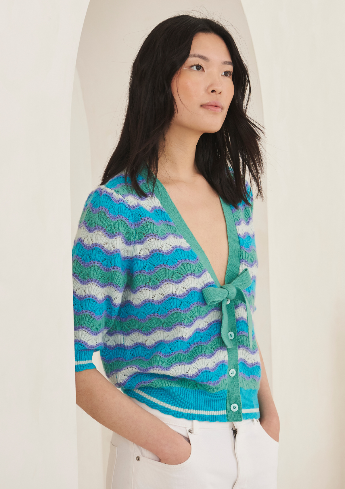 Cashmere Wave Stitch Cardigan in Ocean Blue Stripe