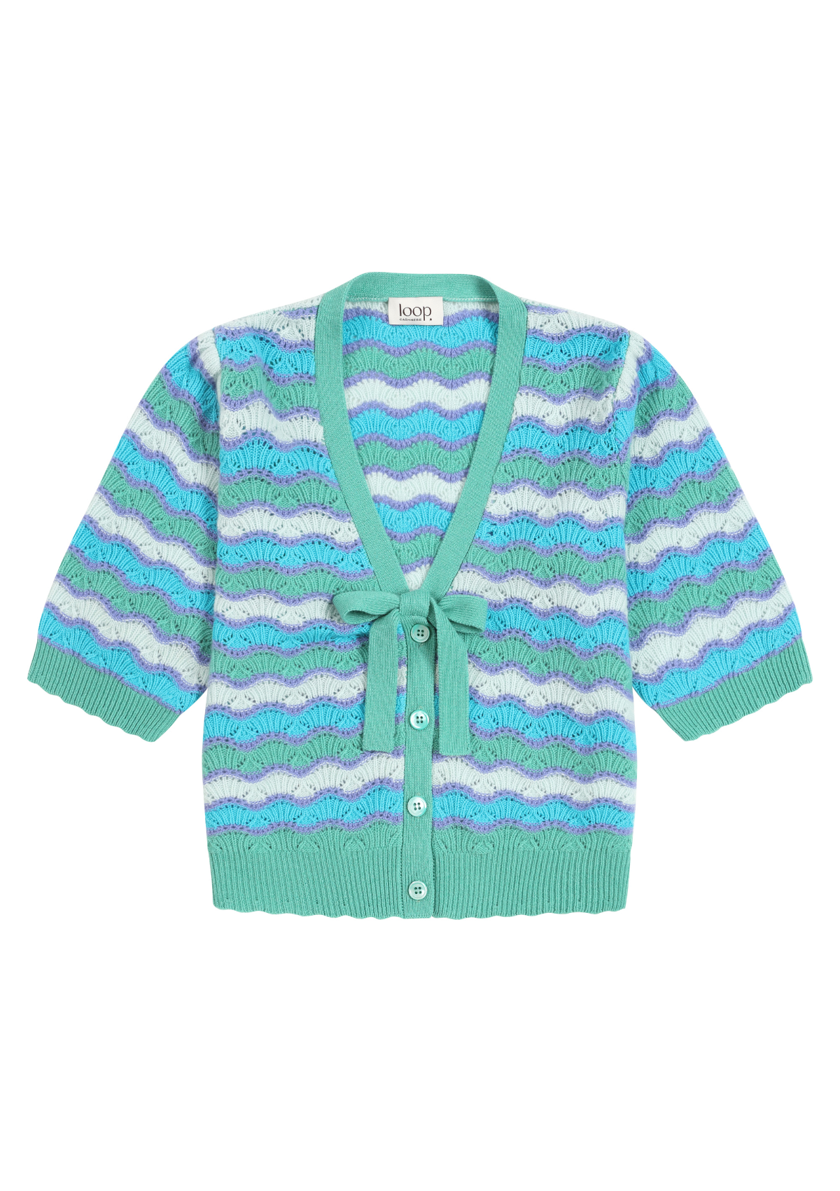 Cashmere Wave Stitch Cardigan in Ocean Blue Stripe