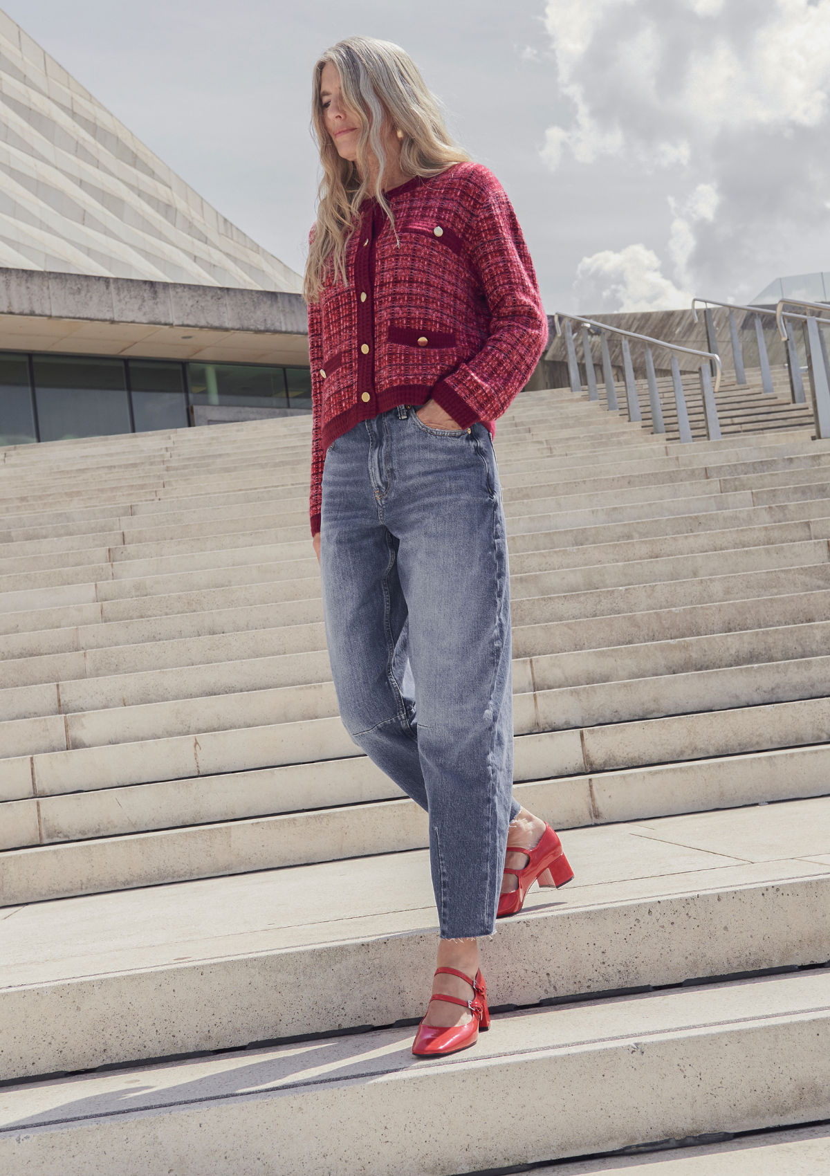 Textured Cashmere Crew Jacket in Pink Check