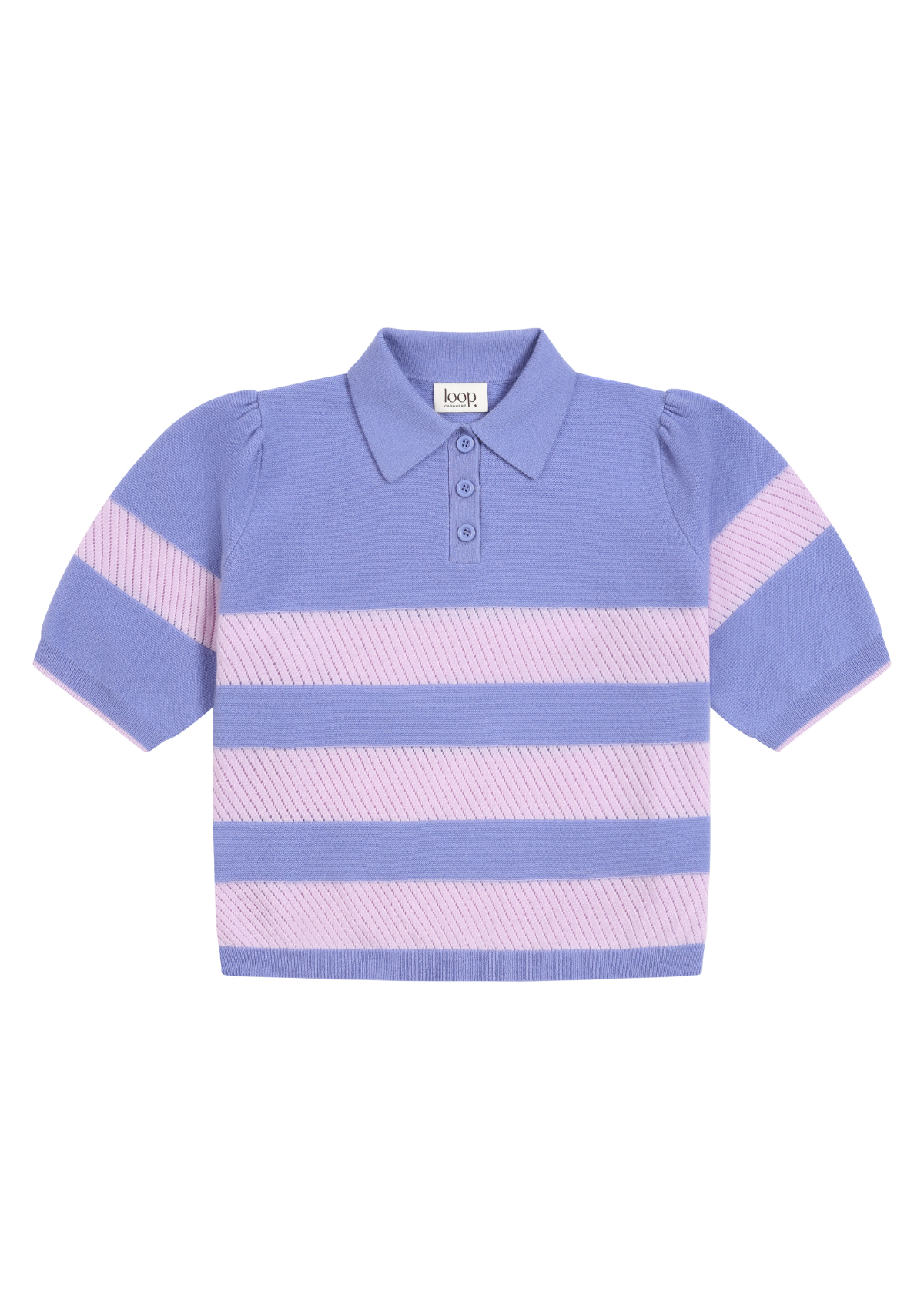 Cashmere Striped Polo Collared Top in Lupin Blue