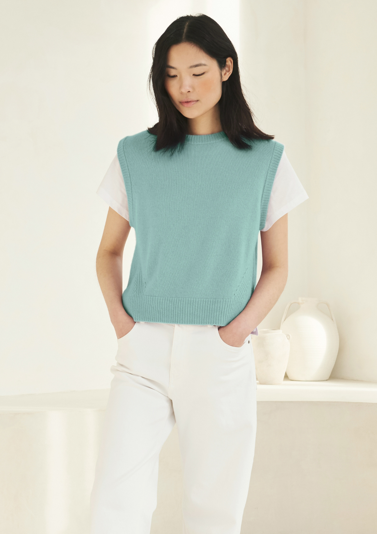 Ribbed Detail Lofty Cashmere Tank in Hyssop Green