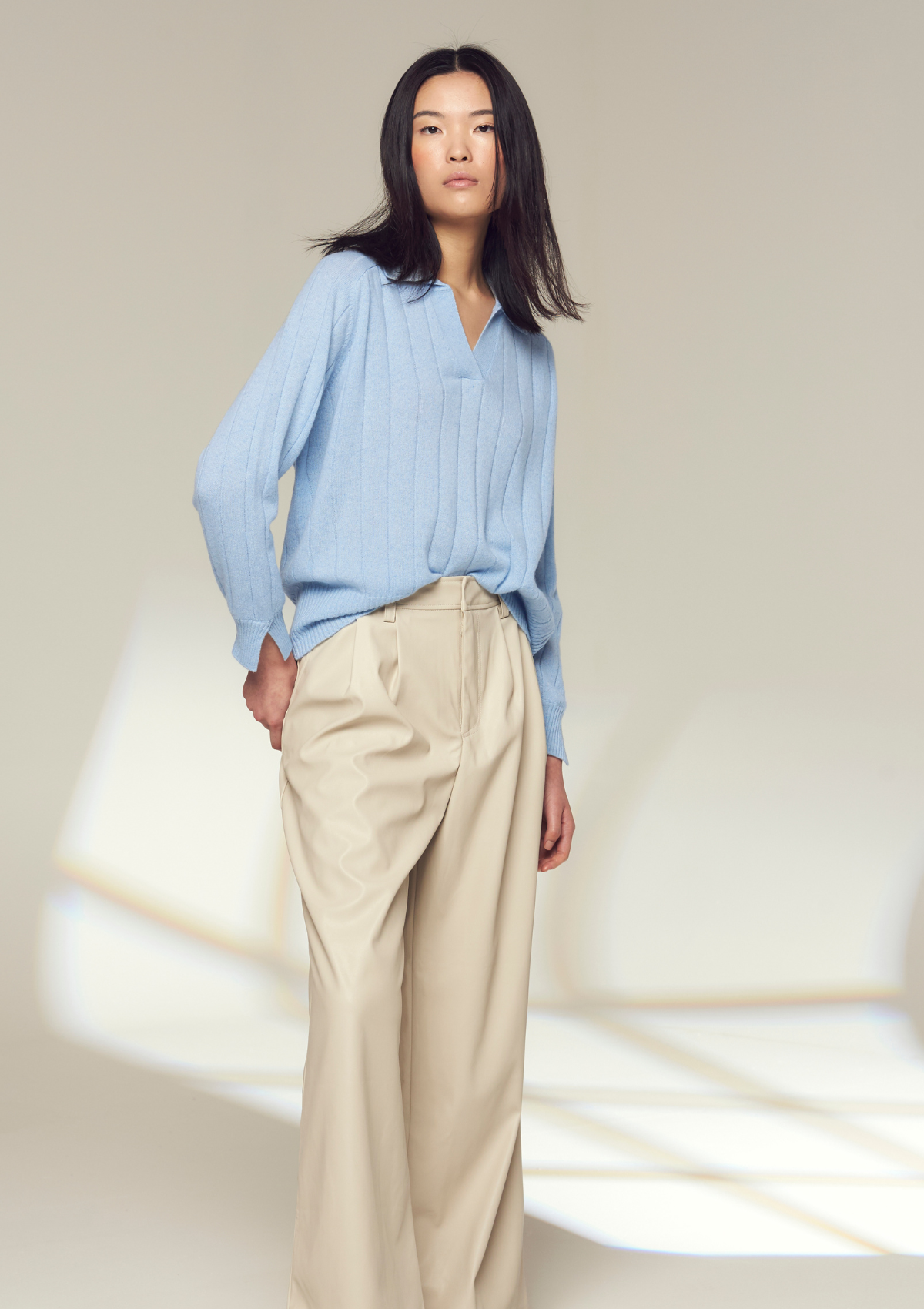 Cashmere Ribbed Collared Sweater in Sky Blue