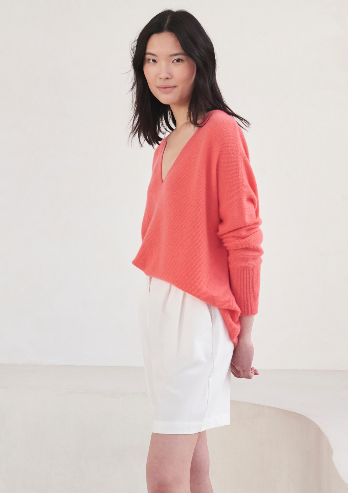 Relaxed Lofty V Neck Sweater in Coral