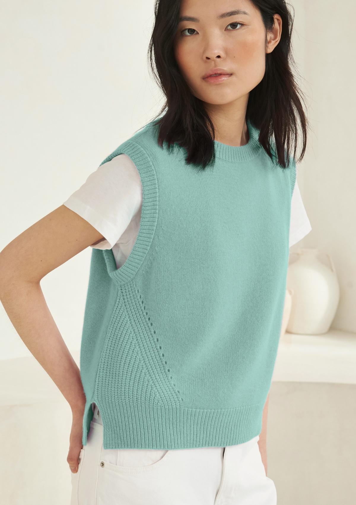 Ribbed Detail Lofty Cashmere Tank in Hyssop Green