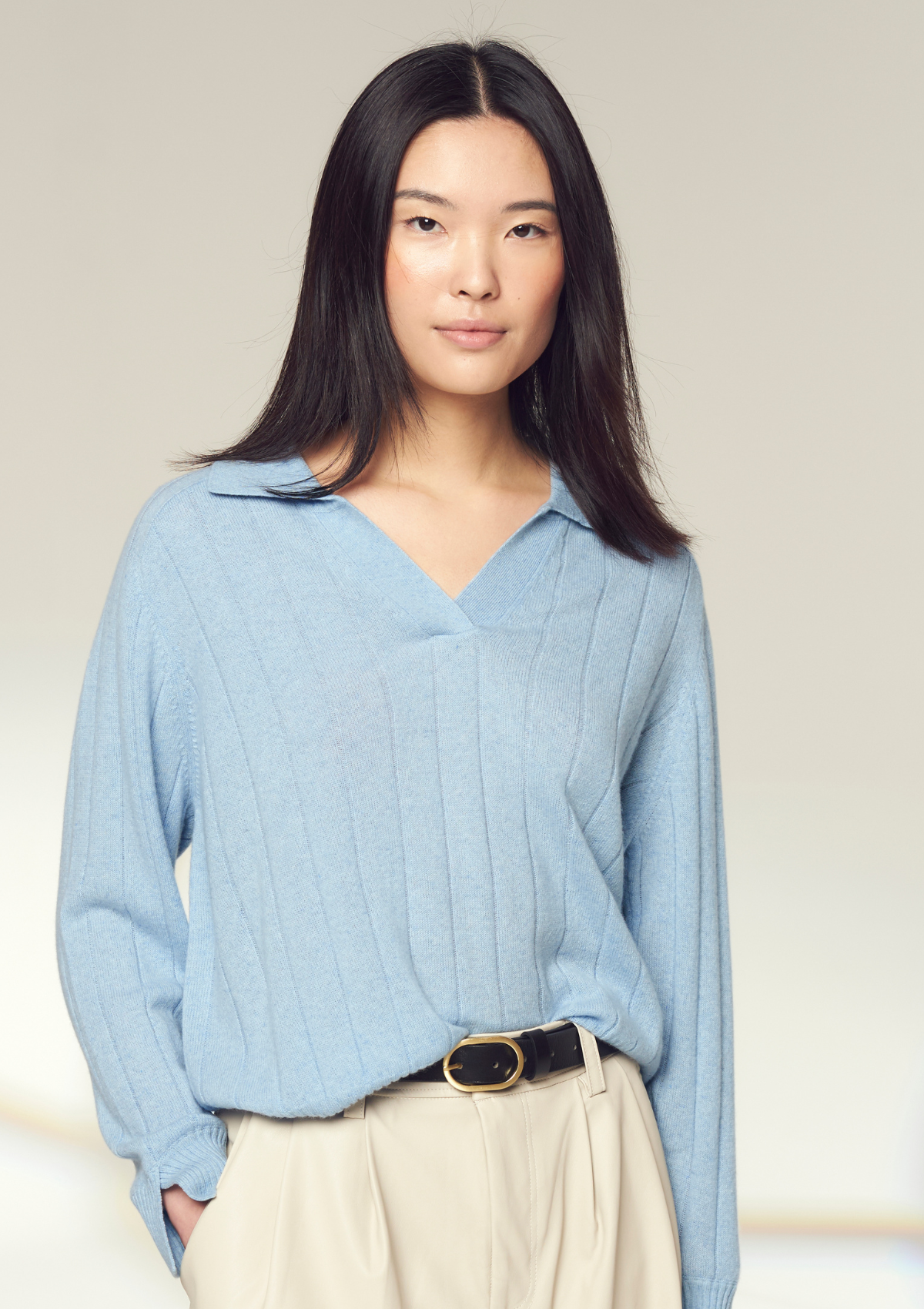 Cashmere Ribbed Collared Sweater in Sky Blue