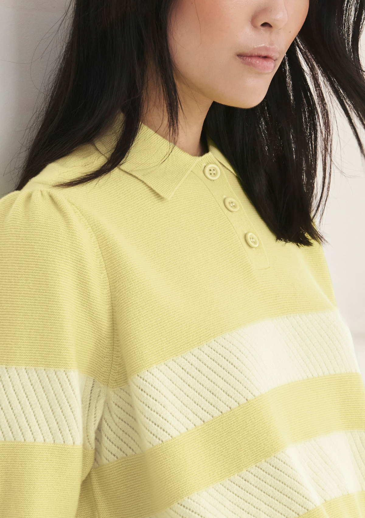 Cashmere Striped Polo Collared Top in Lemonade