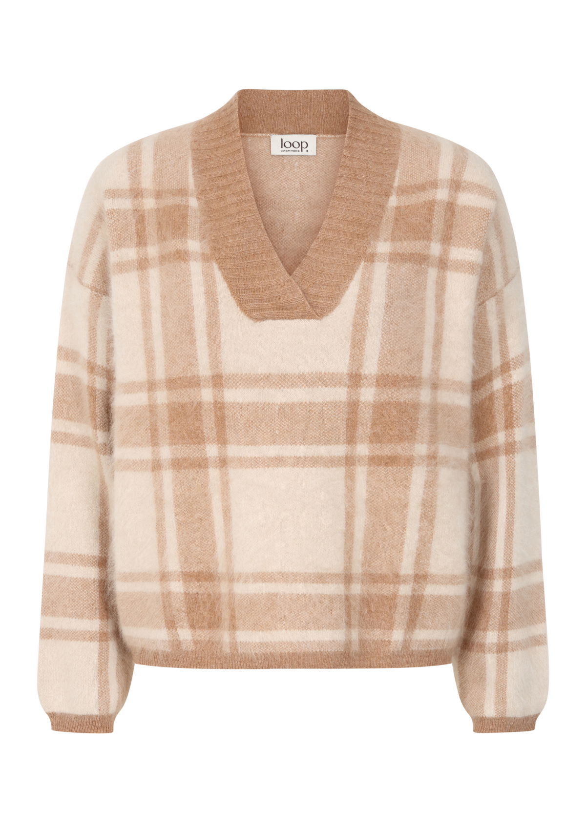 Brushed Checked Sweater in Porcelaine White & Woodcarving Brown