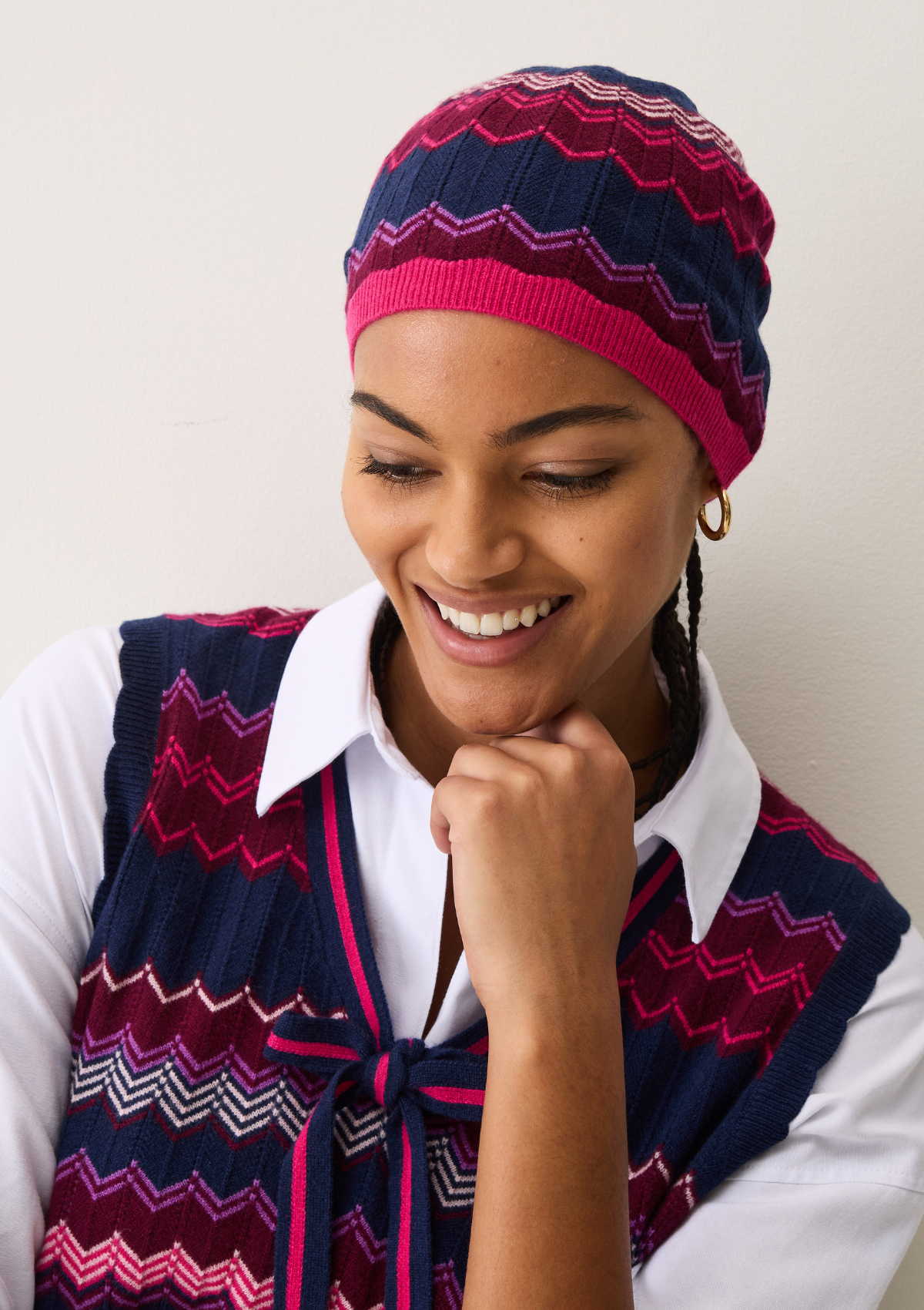 Chevron Stitch Hat in Pink & Navy Mix