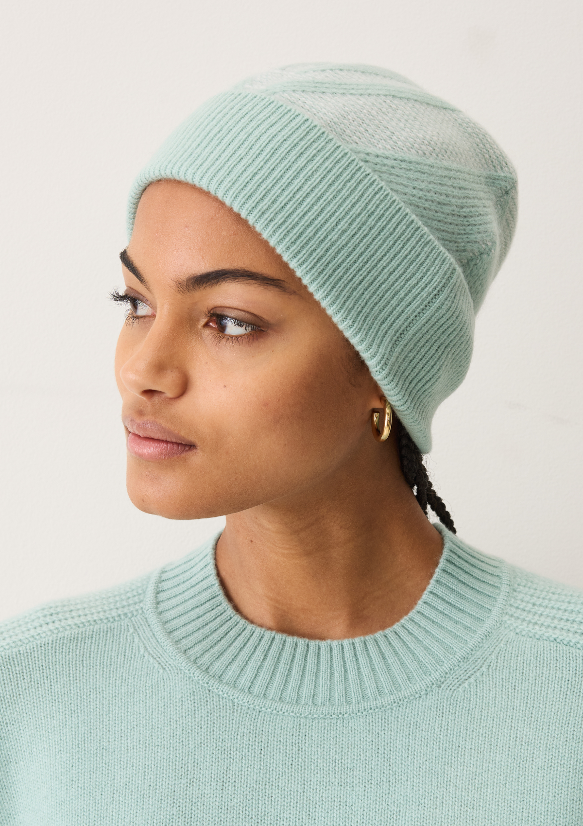 Textured Chevron Hat in Seafoam Green & Snow White