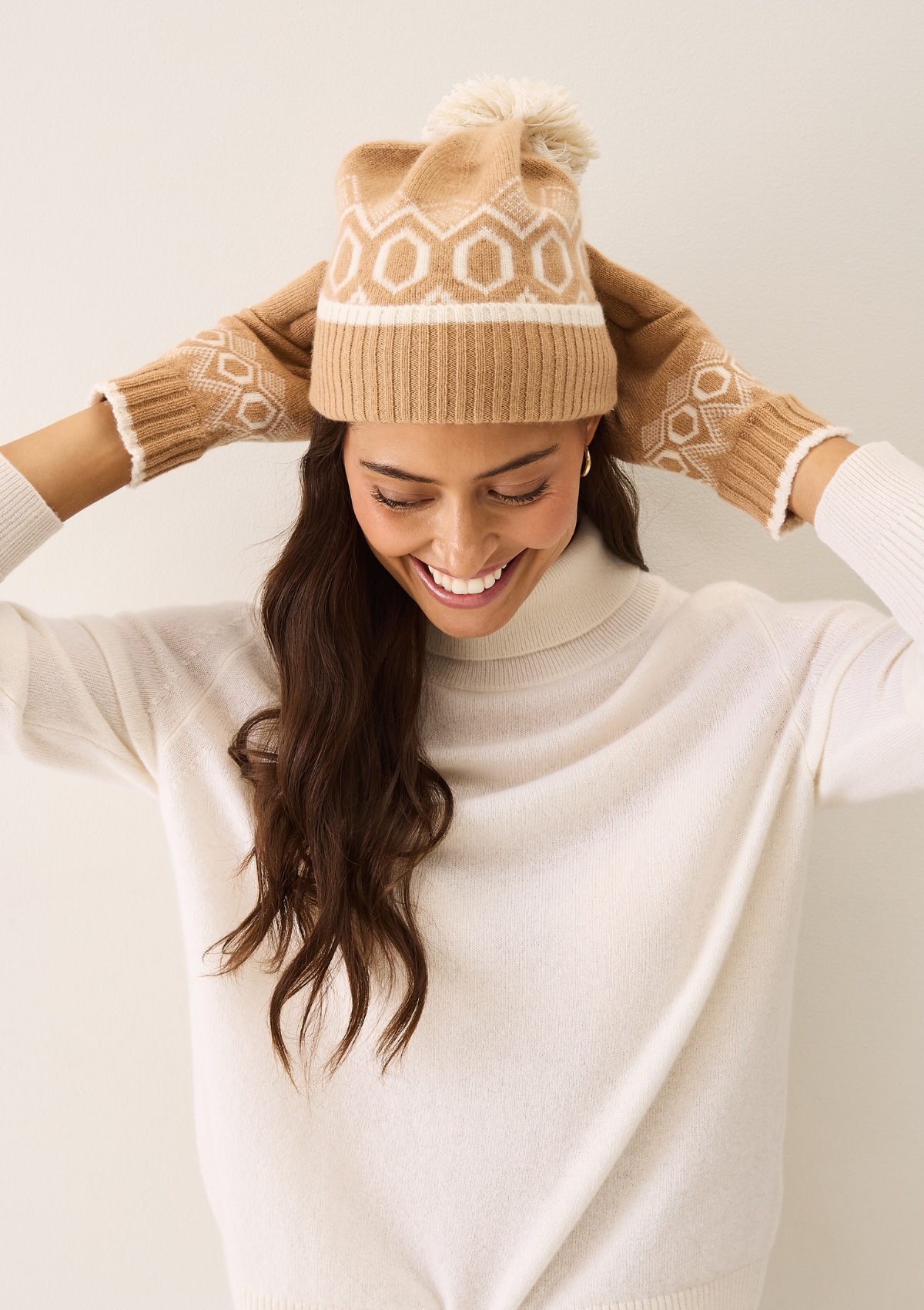 Bobble Beanie in Praline and Chalk