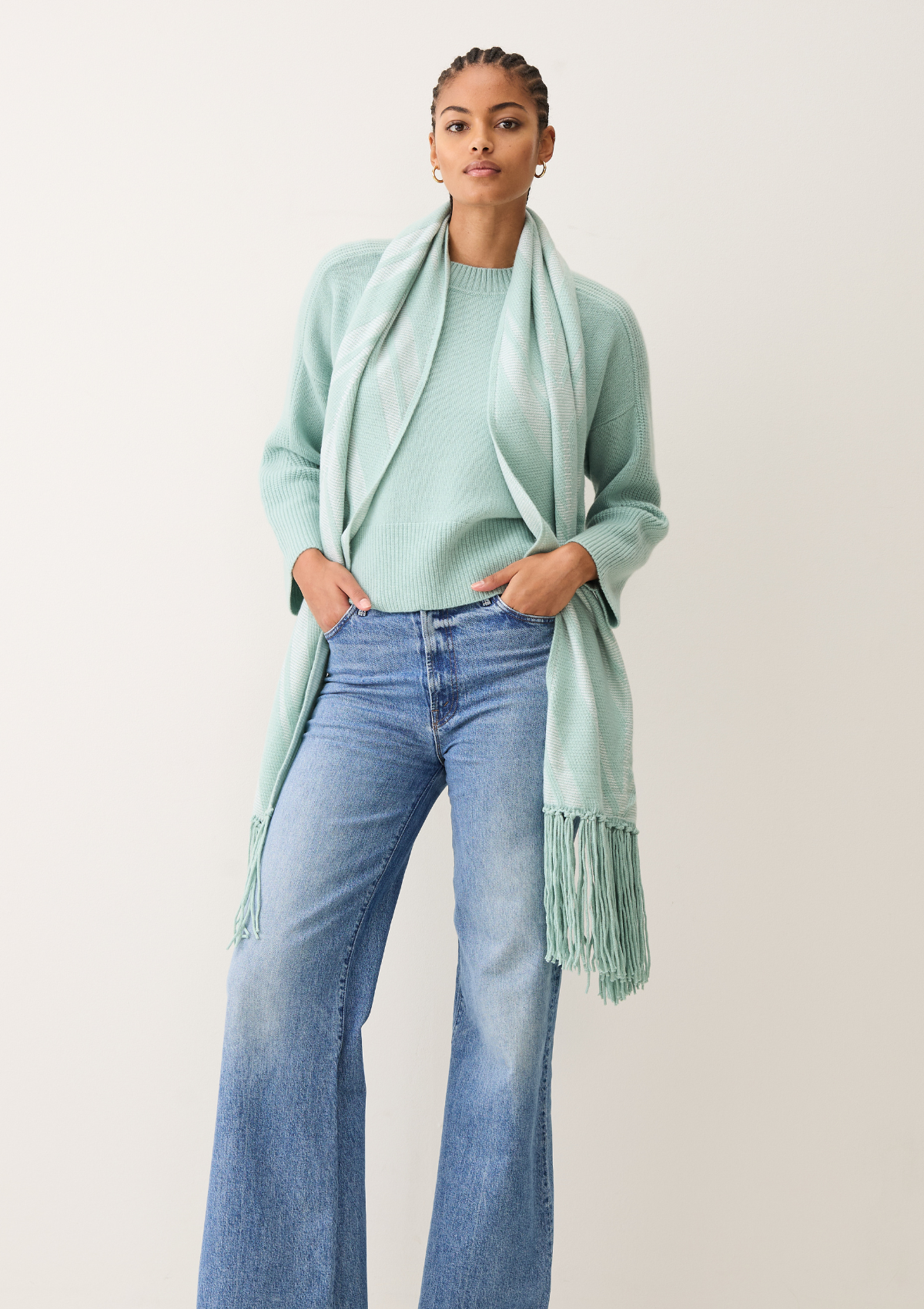 Textured Chevron Scarf in Seafoam Green & Snow White