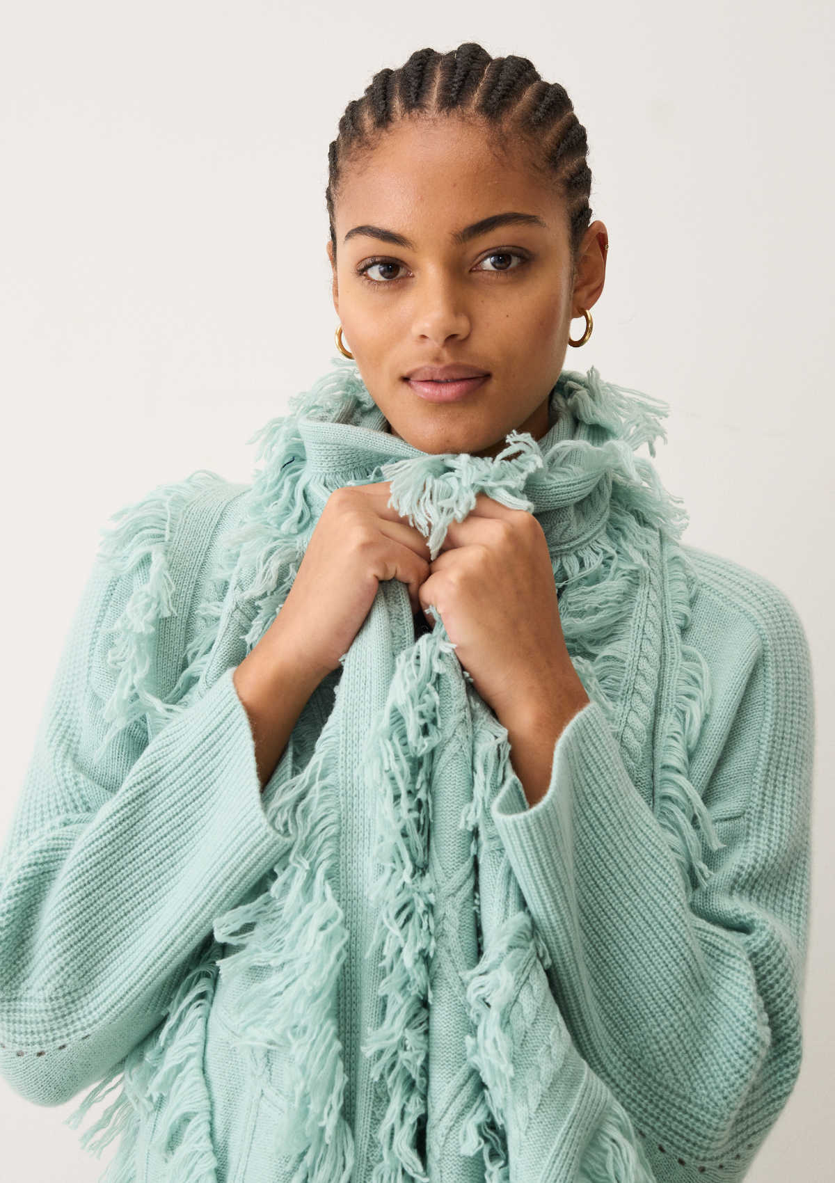 Fringed Cabled Scarf in Seafoam Green