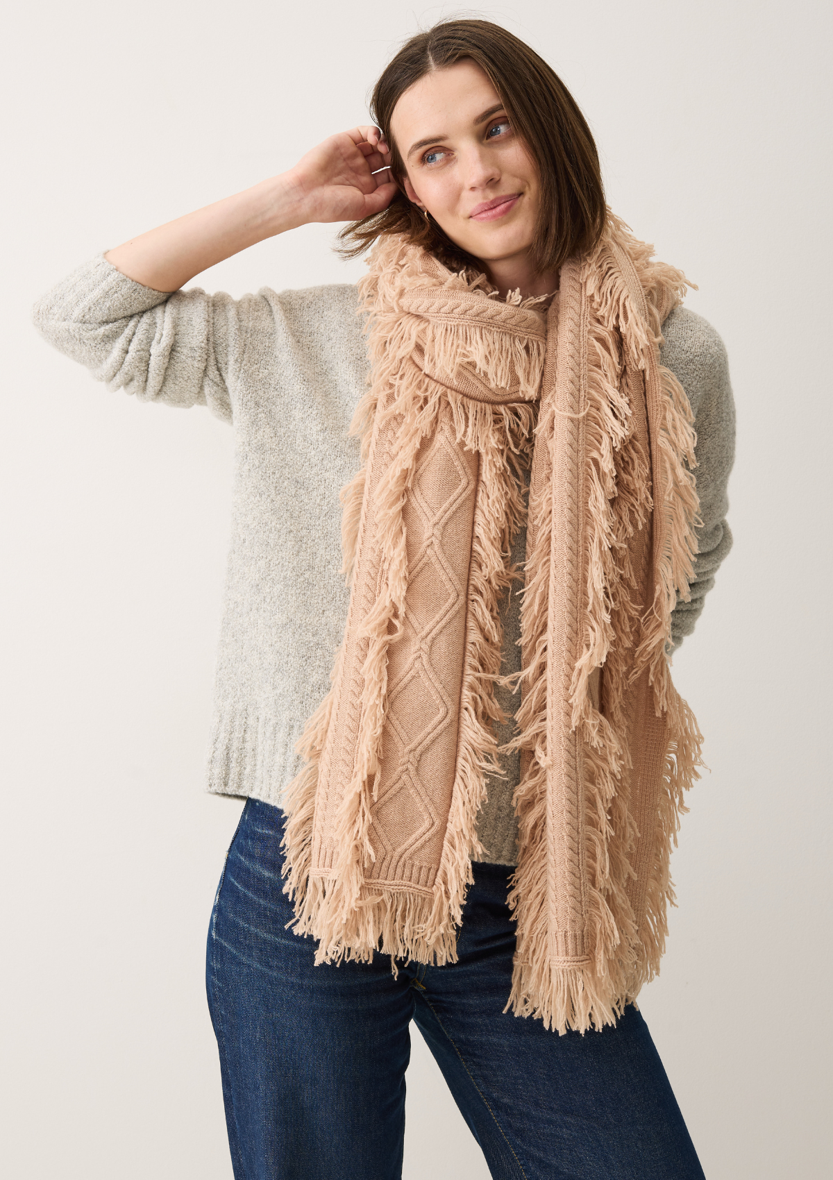 Fringed Cabled Scarf in Toffee