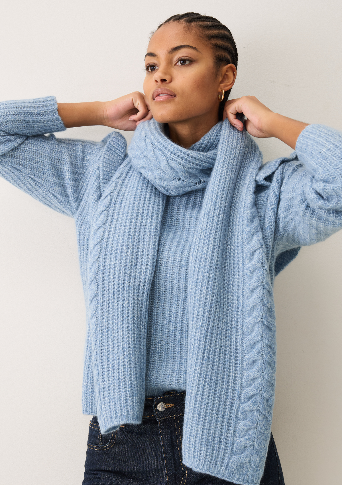 Silk & Cashmere Cable Scarf in Frosty Blue
