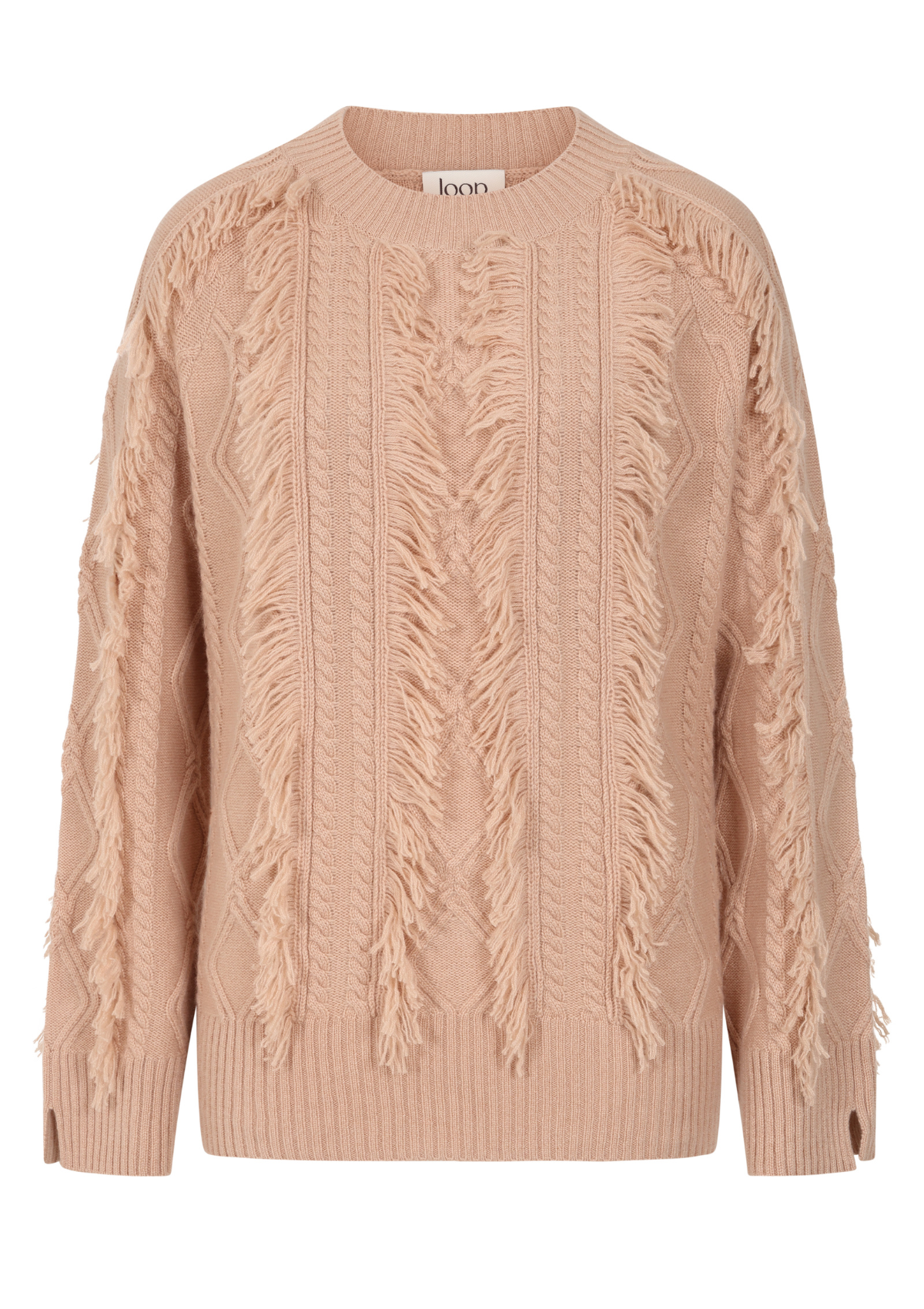 Fringed Cabled Sweater in Toffee