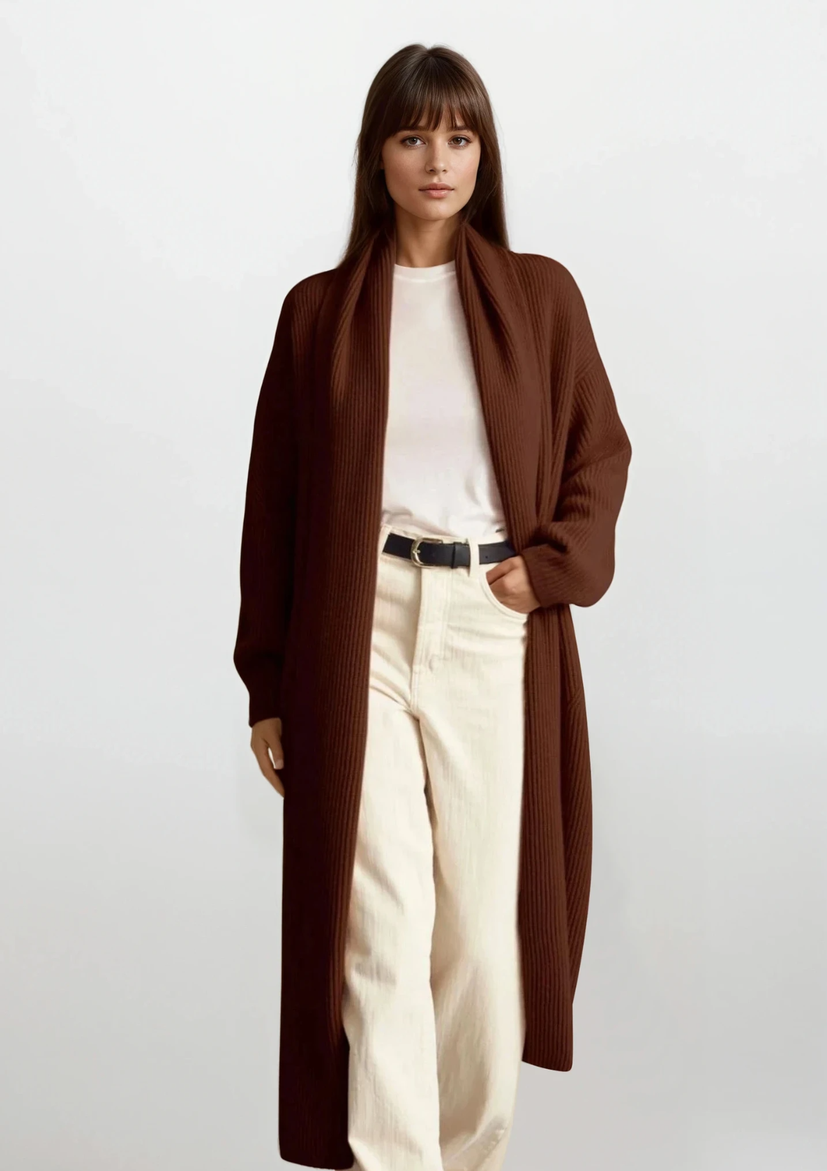 Ribbed Cashmere Coatigan in Spiced Brown