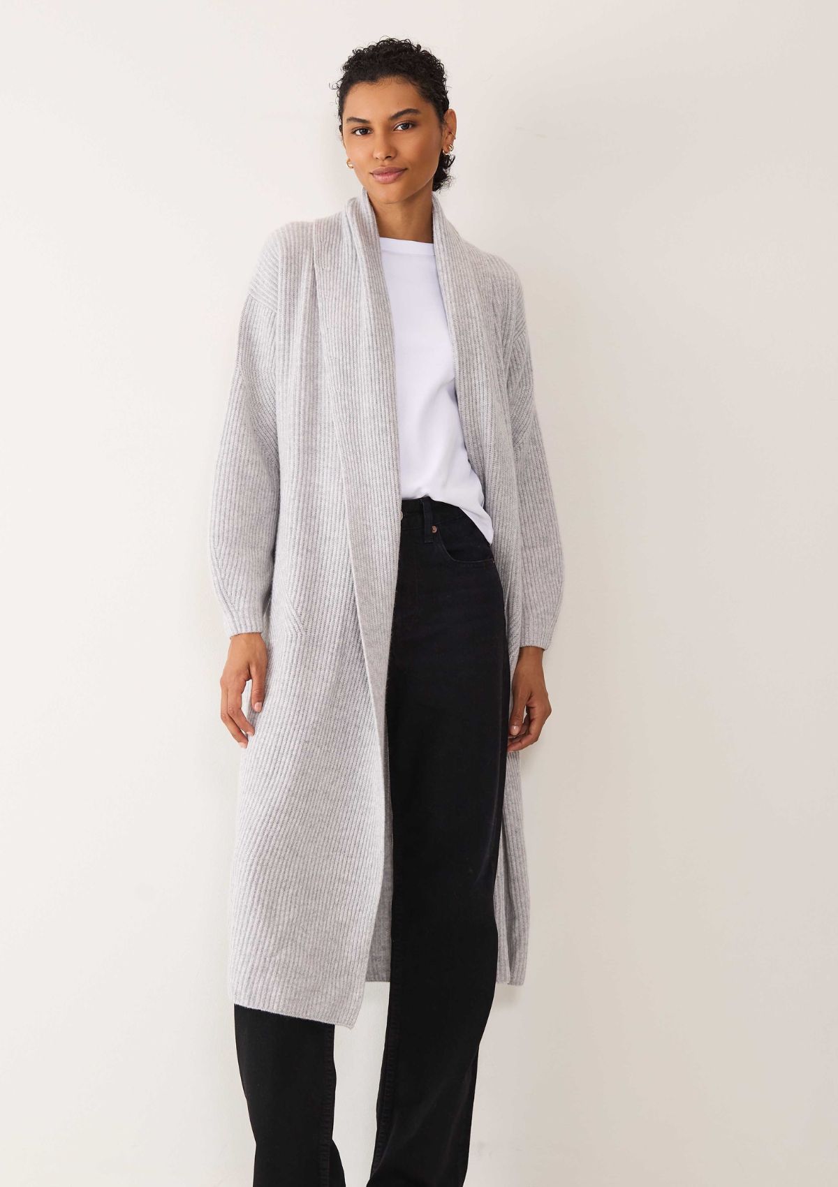 Ribbed Luxe Cashmere Coatigan in Foggy Grey