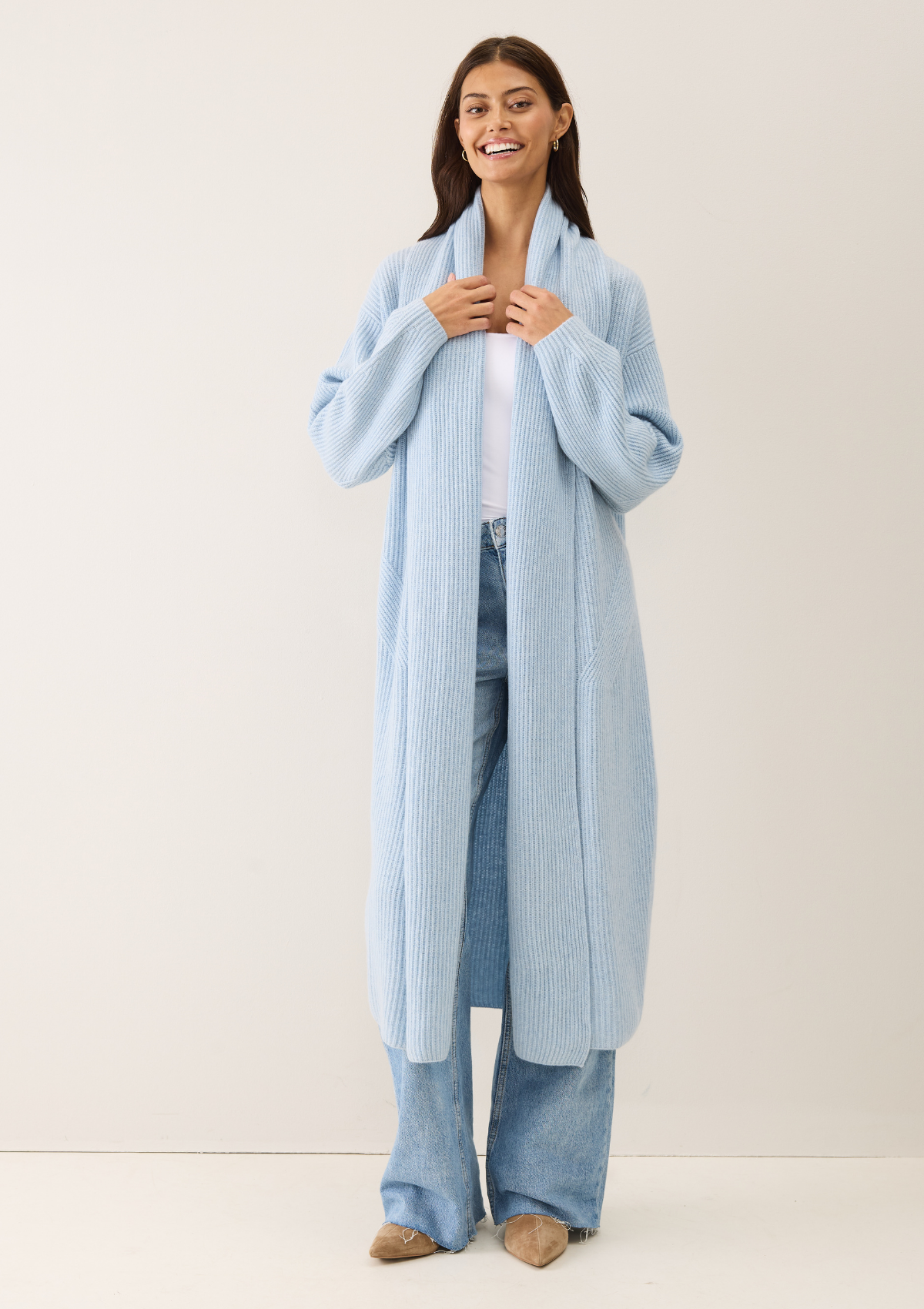 Ribbed Cashmere Coatigan in Skyway Blue