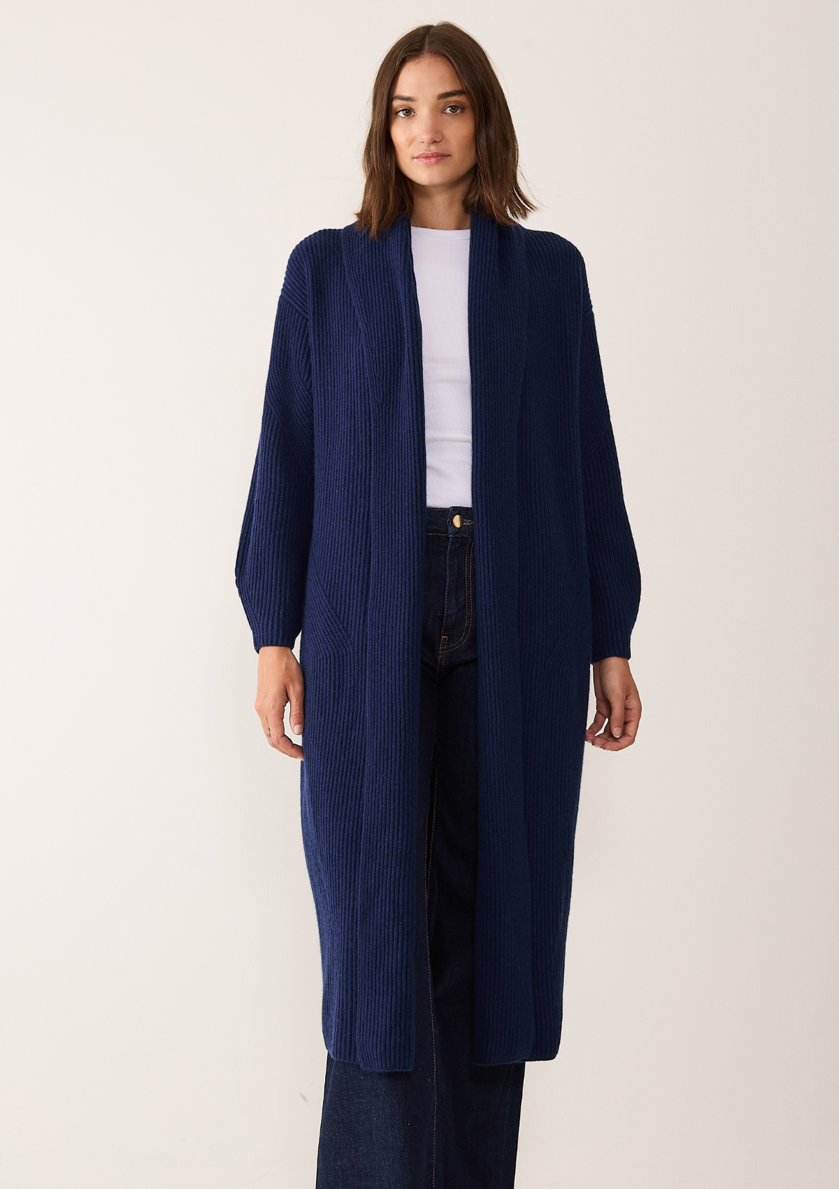 Ribbed Cashmere Coatigan in Midnight Blue