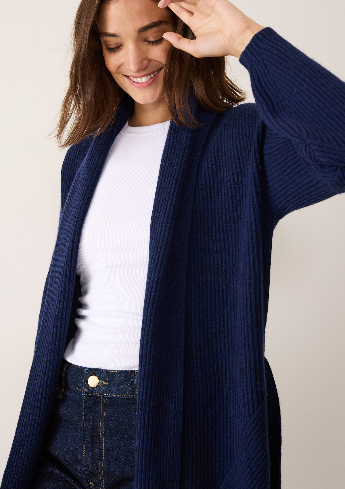 Ribbed Cashmere Coatigan in Midnight Blue