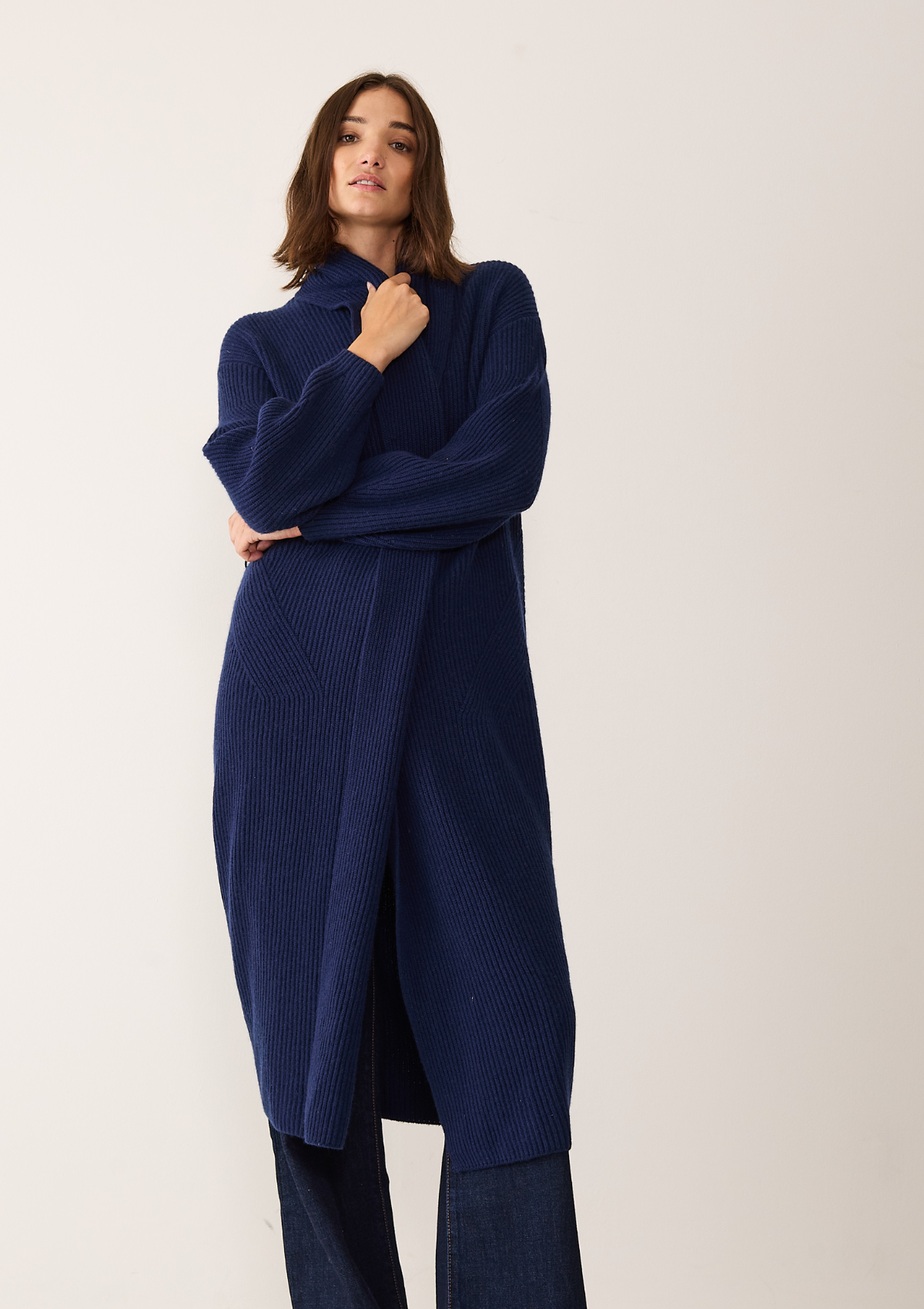 Ribbed Cashmere Coatigan in Midnight Blue