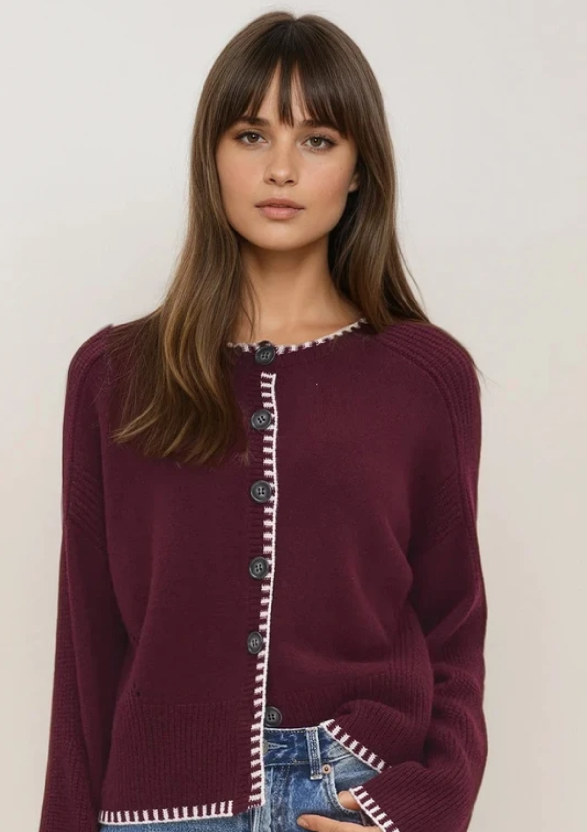 Cashmere Blanket Stitch Cardigan in Barolo Red