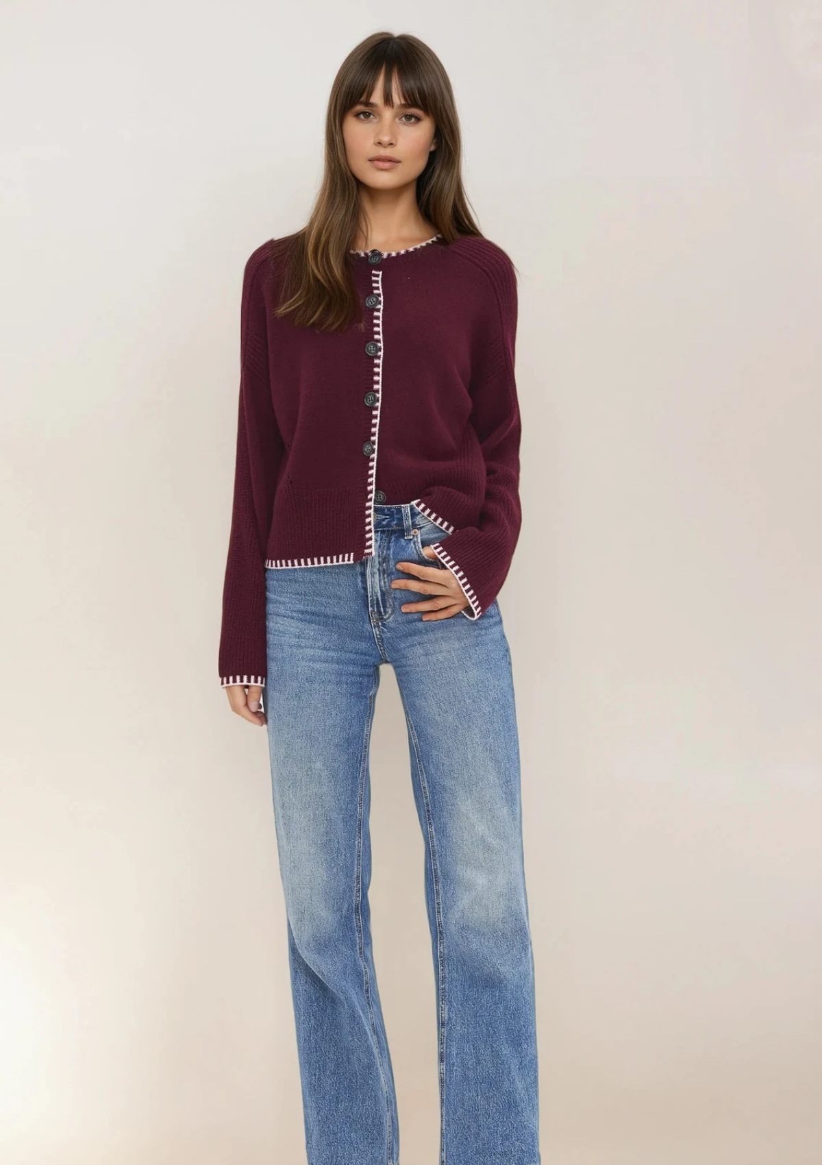 Cashmere Blanket Stitch Cardigan in Barolo Red