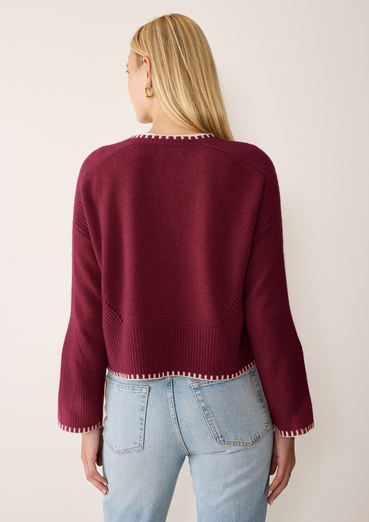 Cashmere Blanket Stitch Cardigan in Barolo Red