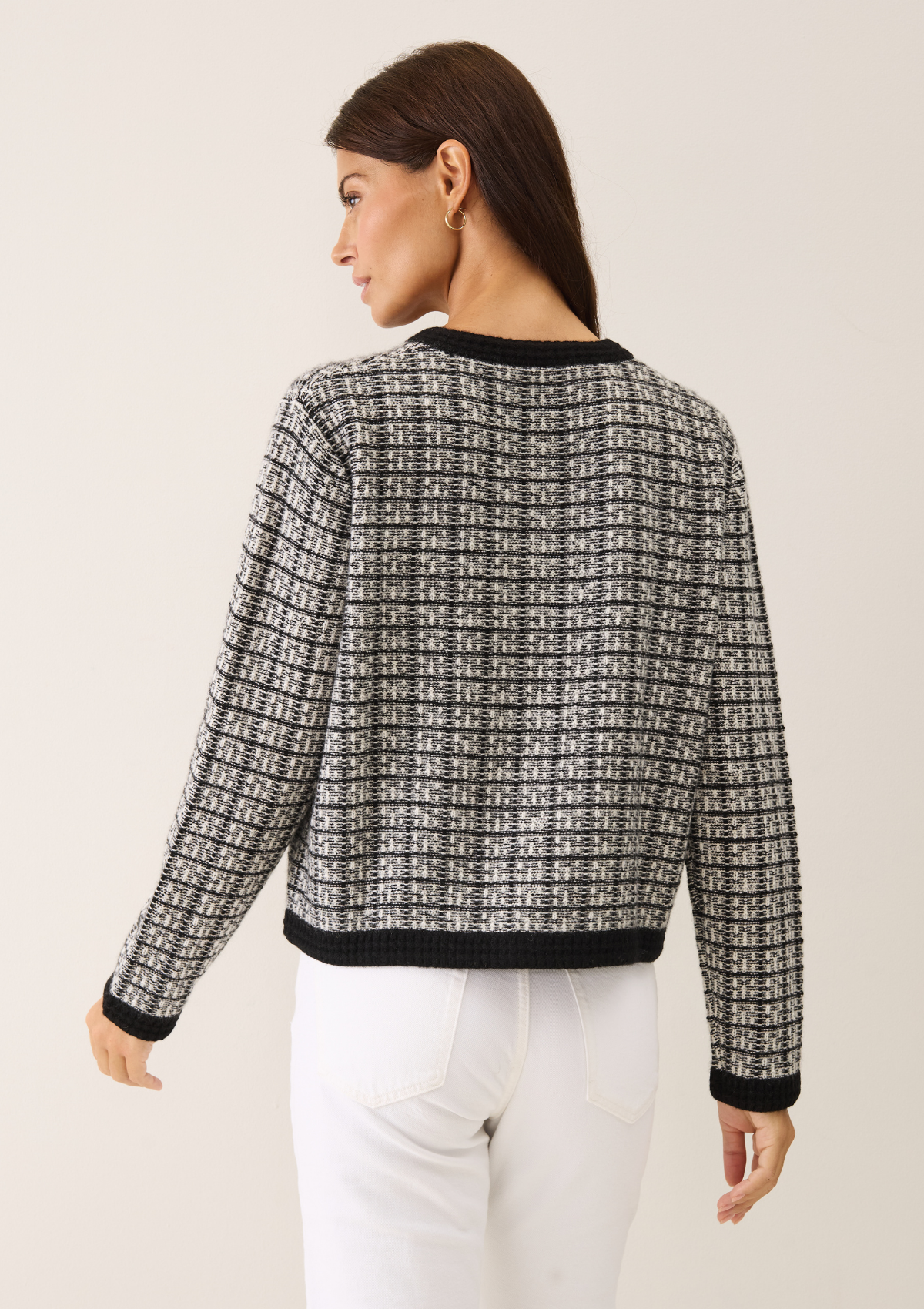 Textured Cashmere Crew Jacket in Black Check