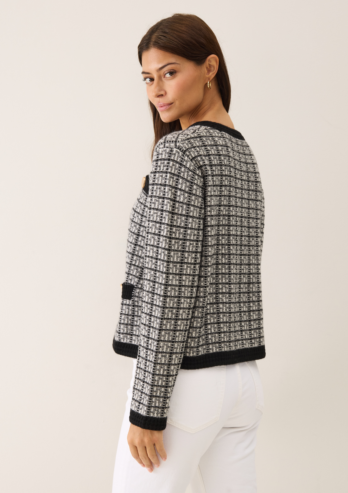 Textured Cashmere Crew Jacket in Black Check