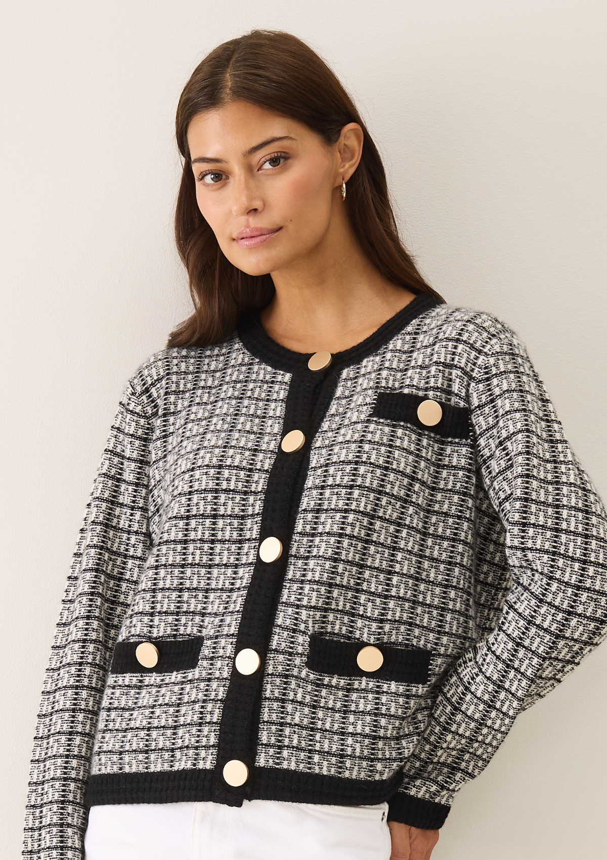 Textured Cashmere Crew Jacket in Black Check