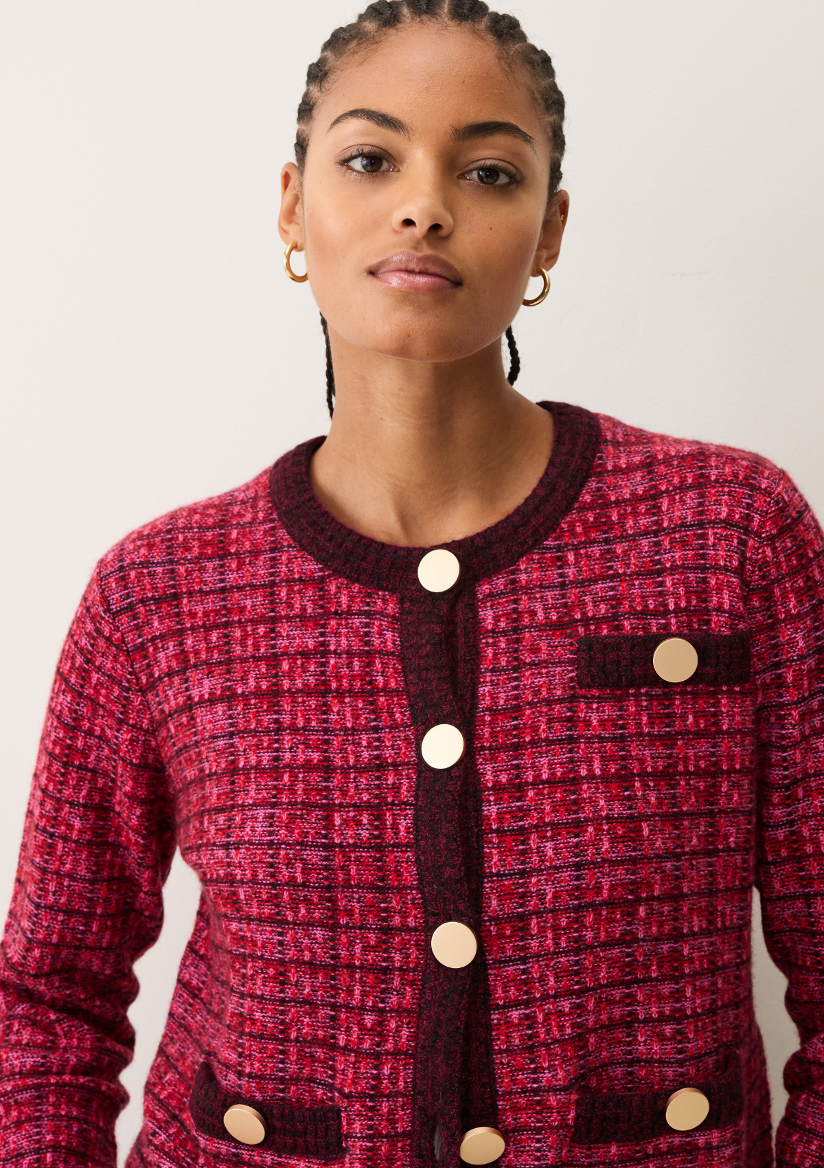 Textured Cashmere Crew Jacket in Pink Check