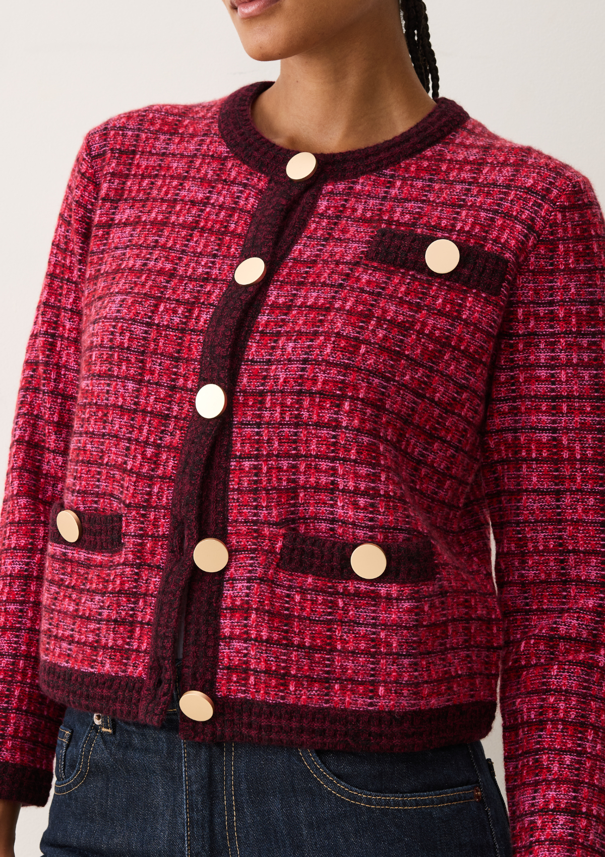 Textured Cashmere Crew Jacket in Pink Check