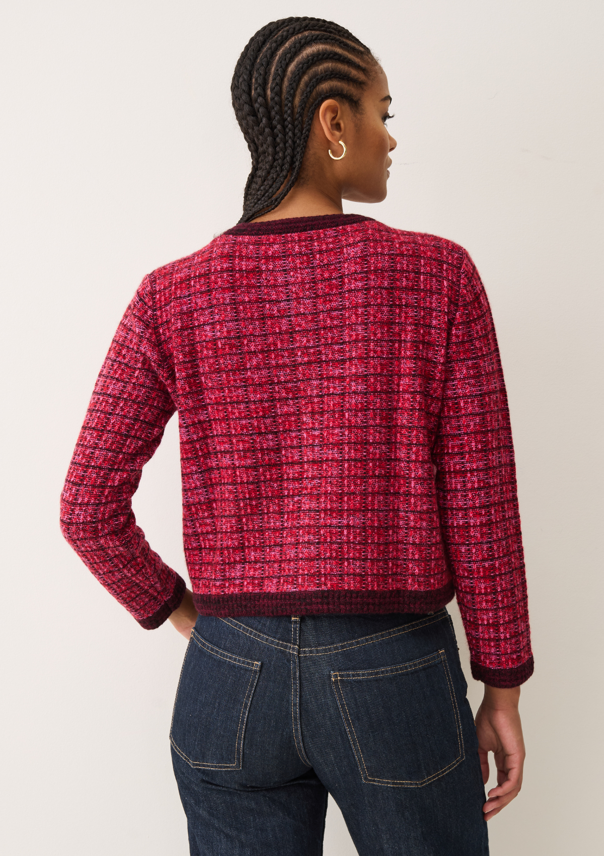 Textured Cashmere Crew Jacket in Pink Check