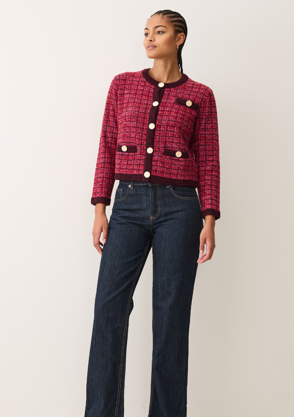 Textured Cashmere Crew Jacket in Pink Check