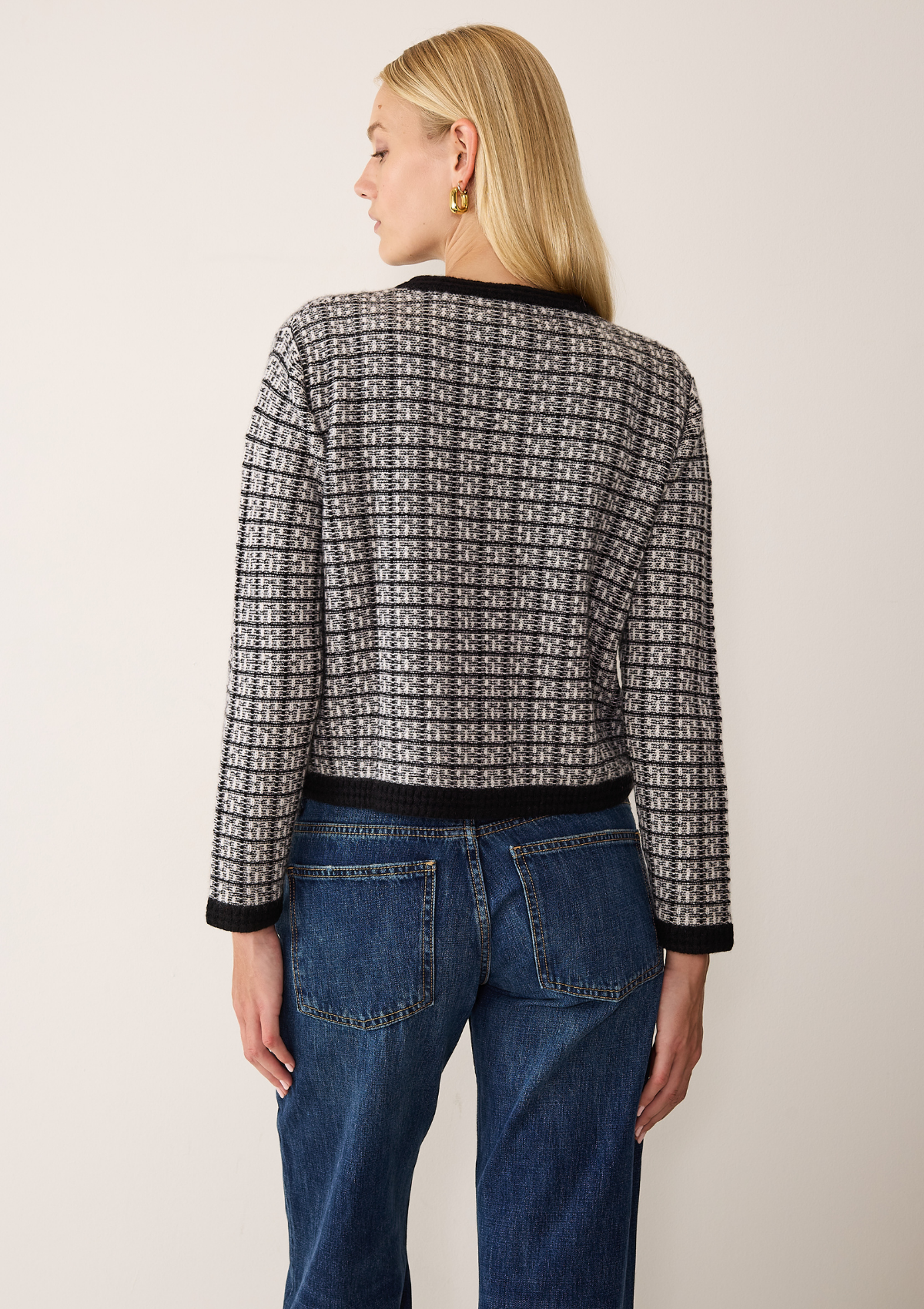 Textured Cashmere Crew Jacket in Black Check