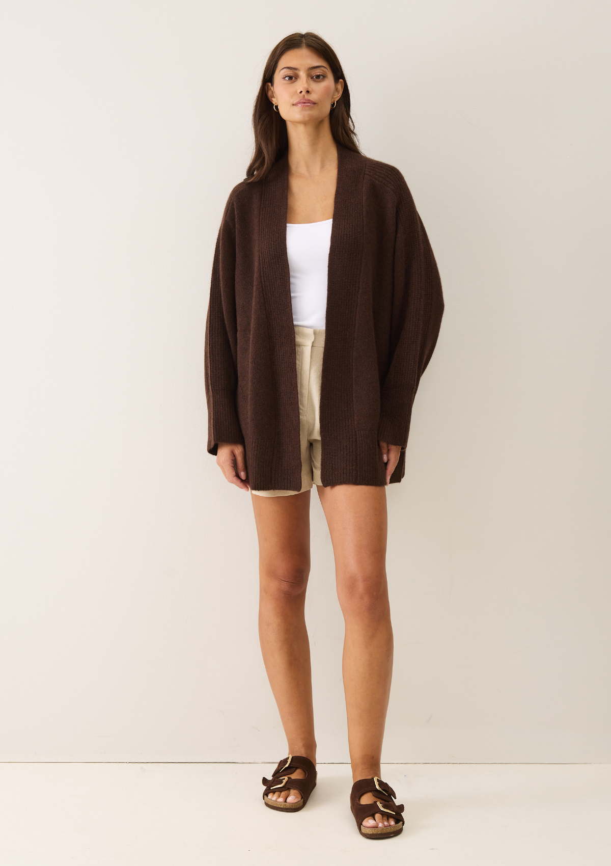 Ribbed Detail Edge to Edge Cardigan in Americano Brown