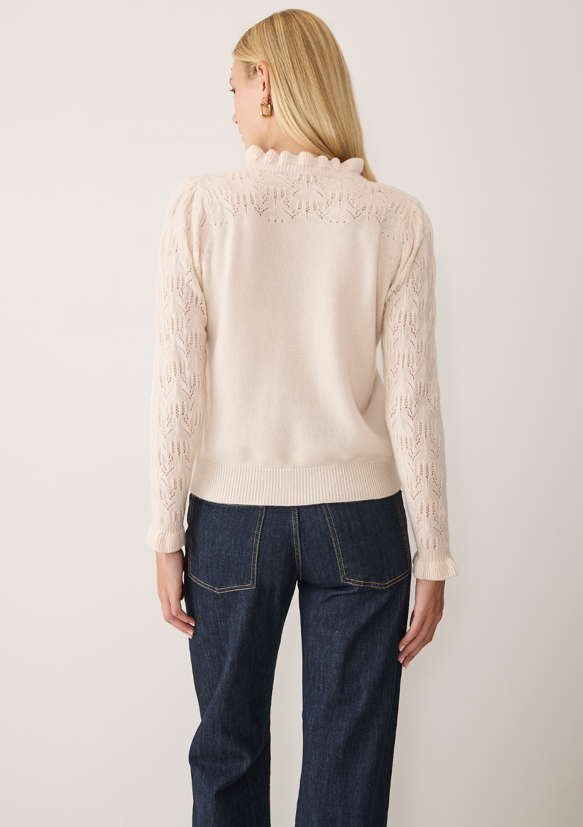 Tie Neck Pointelle Sweater in Feather Neutral