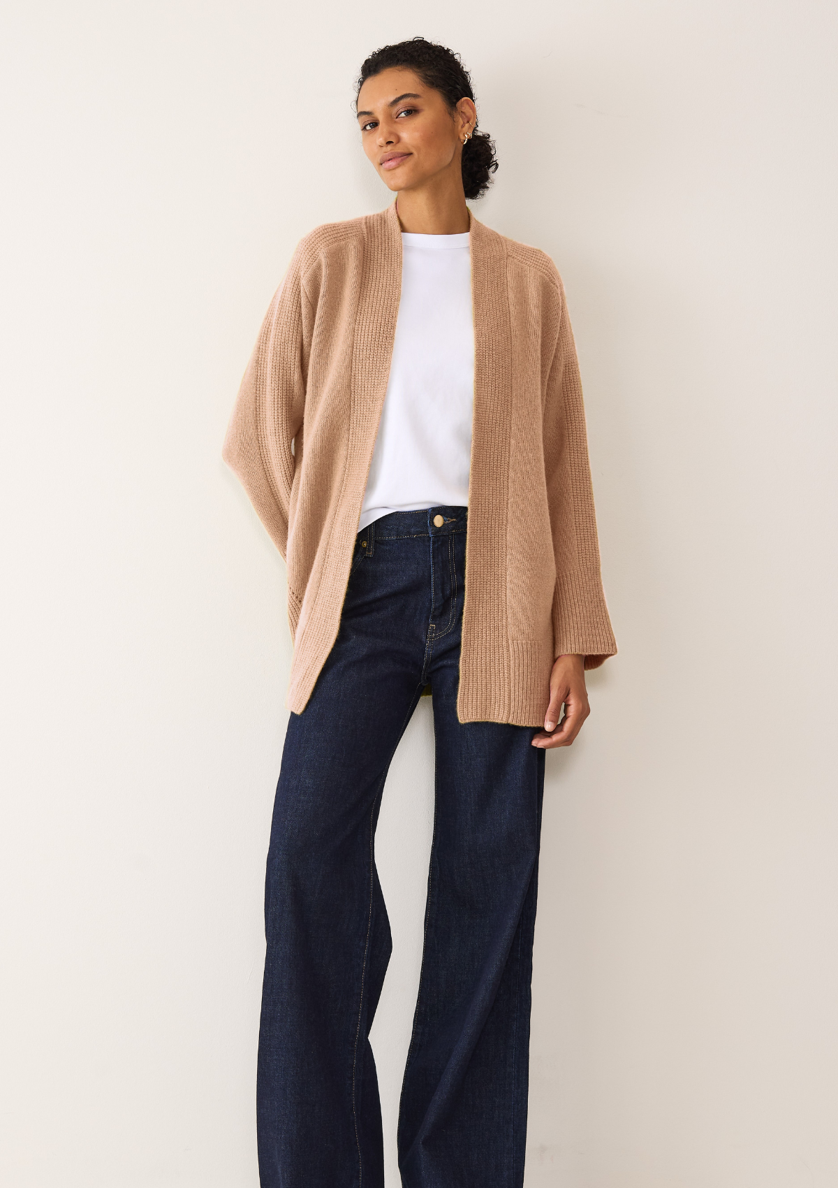 Ribbed Detail Edge to Edge Cardigan in Toffee