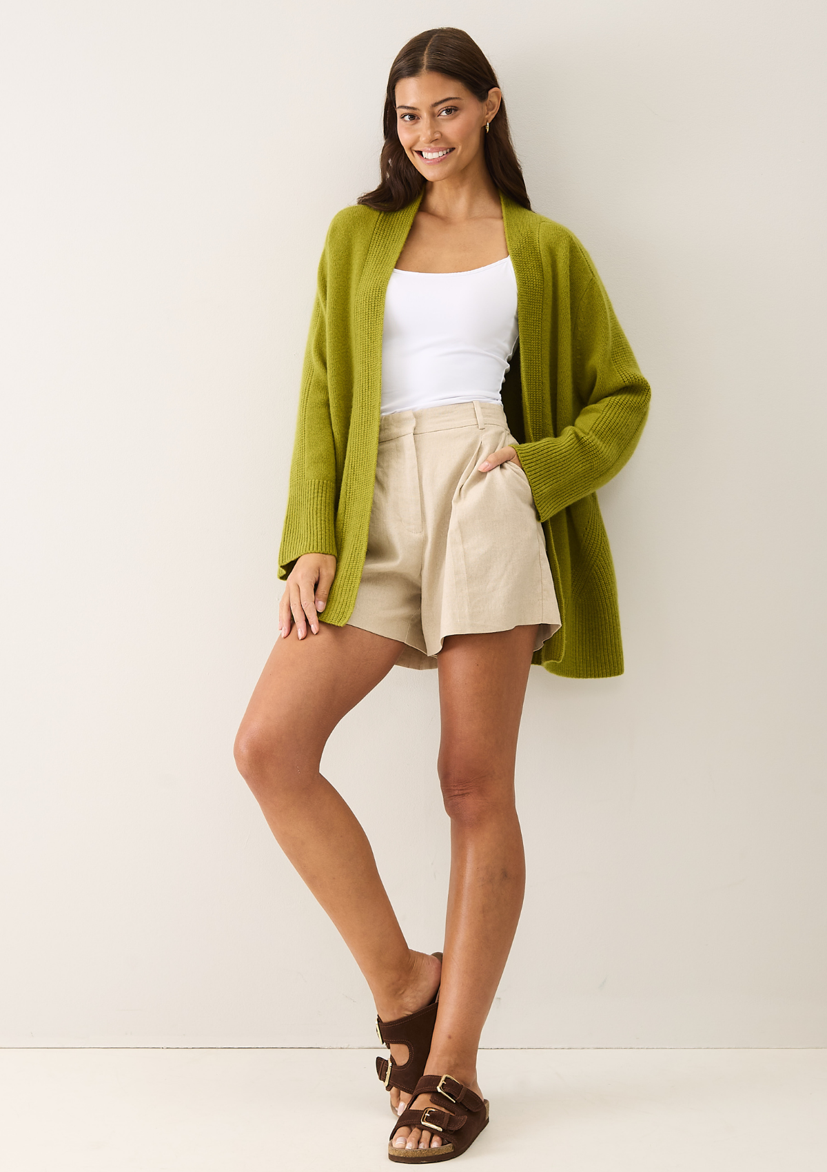 Ribbed Detail Edge to Edge Cardigan in Woodbine Green