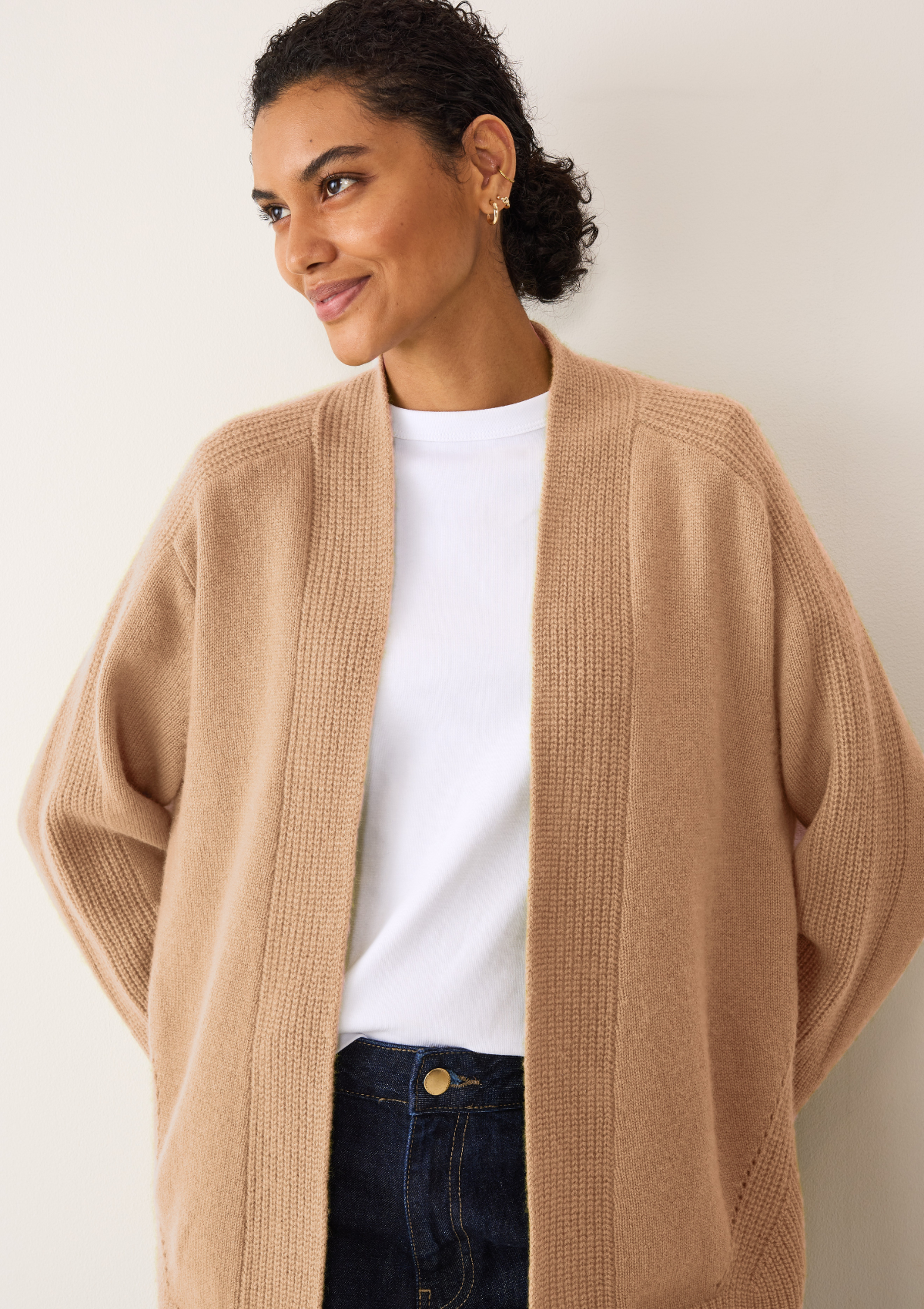 Ribbed Detail Edge to Edge Cardigan in Toffee